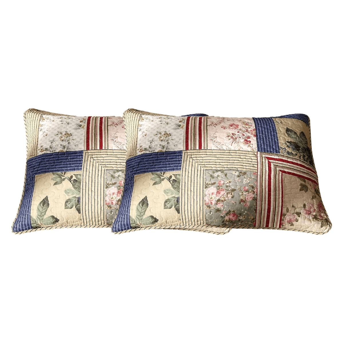 Tache Cotton Patchwork Striped Exotic Floral Beige Blue Japanese Garden Pillow Sham 2-Pieces (DXJ100076) - Tache Home Fashion