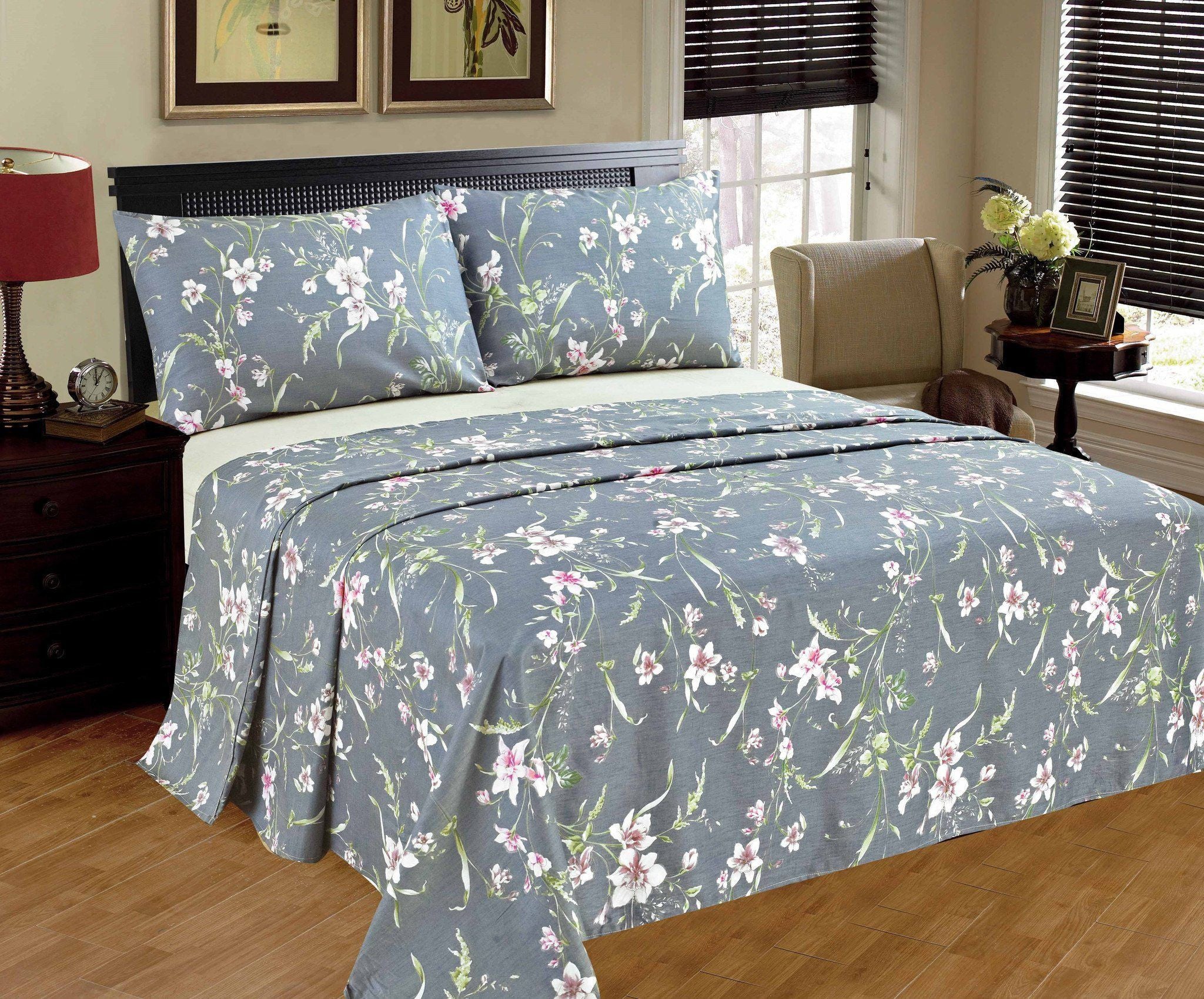 Tache Cotton Cherry Blossom Grey Floral Flat Sheet (2162FLT) - Tache Home Fashion
