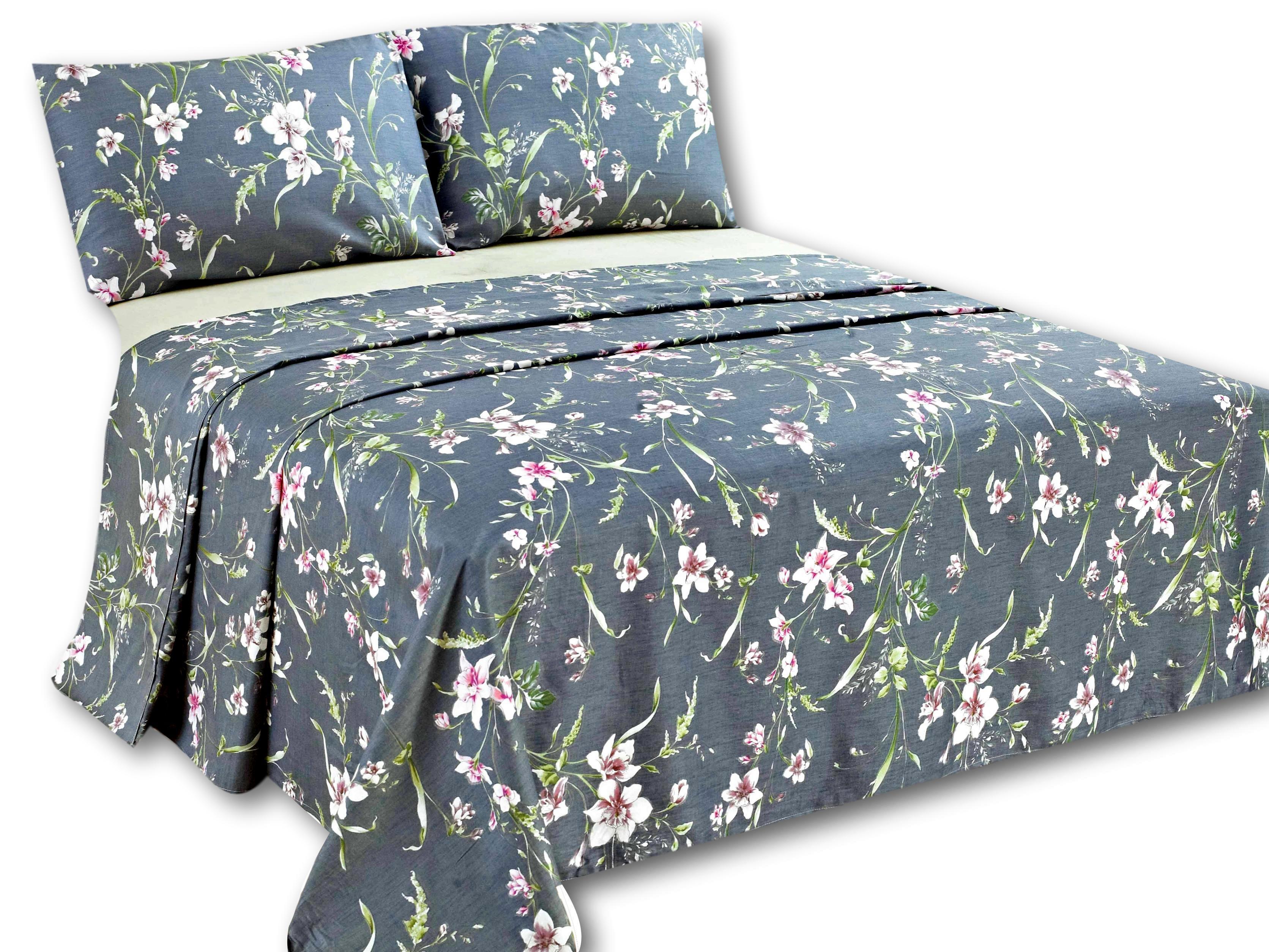 Tache Cotton Cherry Blossom Grey Floral Flat Sheet (2162FLT) - Tache Home Fashion