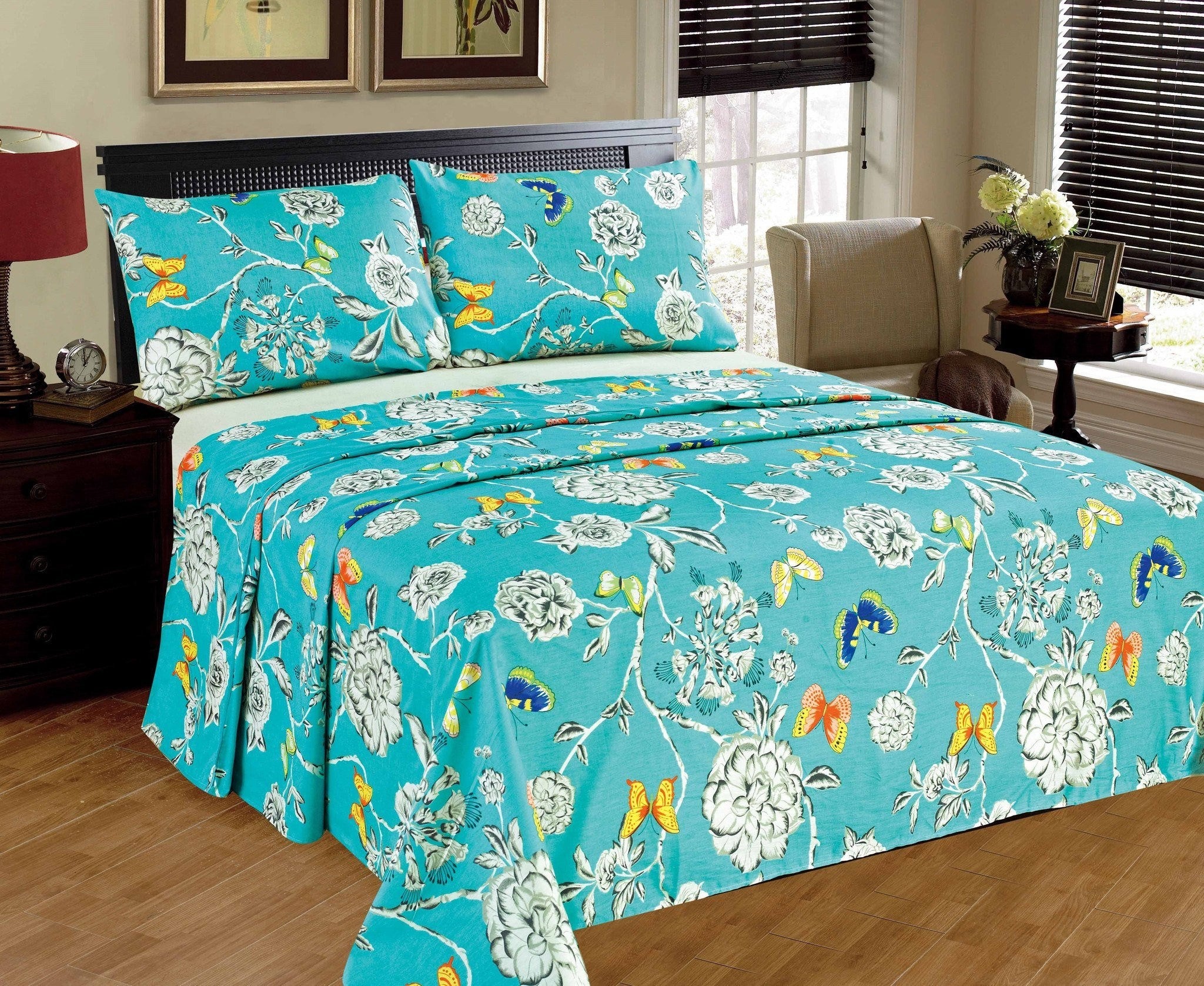 Tache Cotton Butterfly Wonderland Aqua Floral Flat Sheet (2142FLT) - Tache Home Fashion