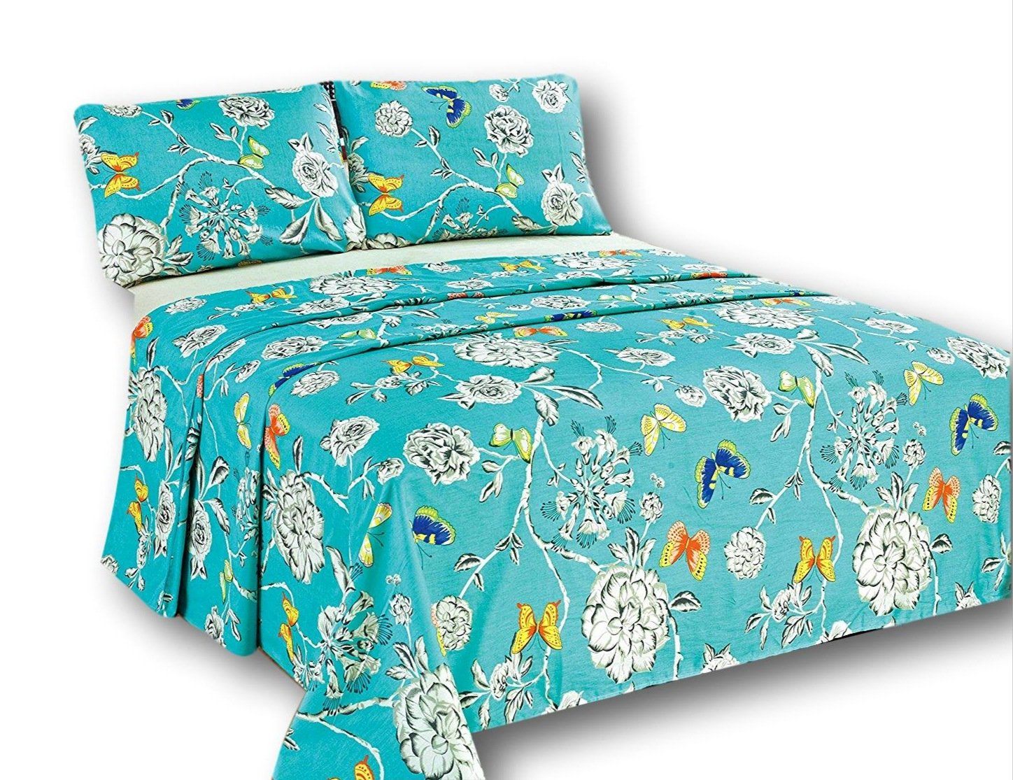 Tache Cotton Butterfly Wonderland Aqua Floral Flat Sheet (2142FLT) - Tache Home Fashion