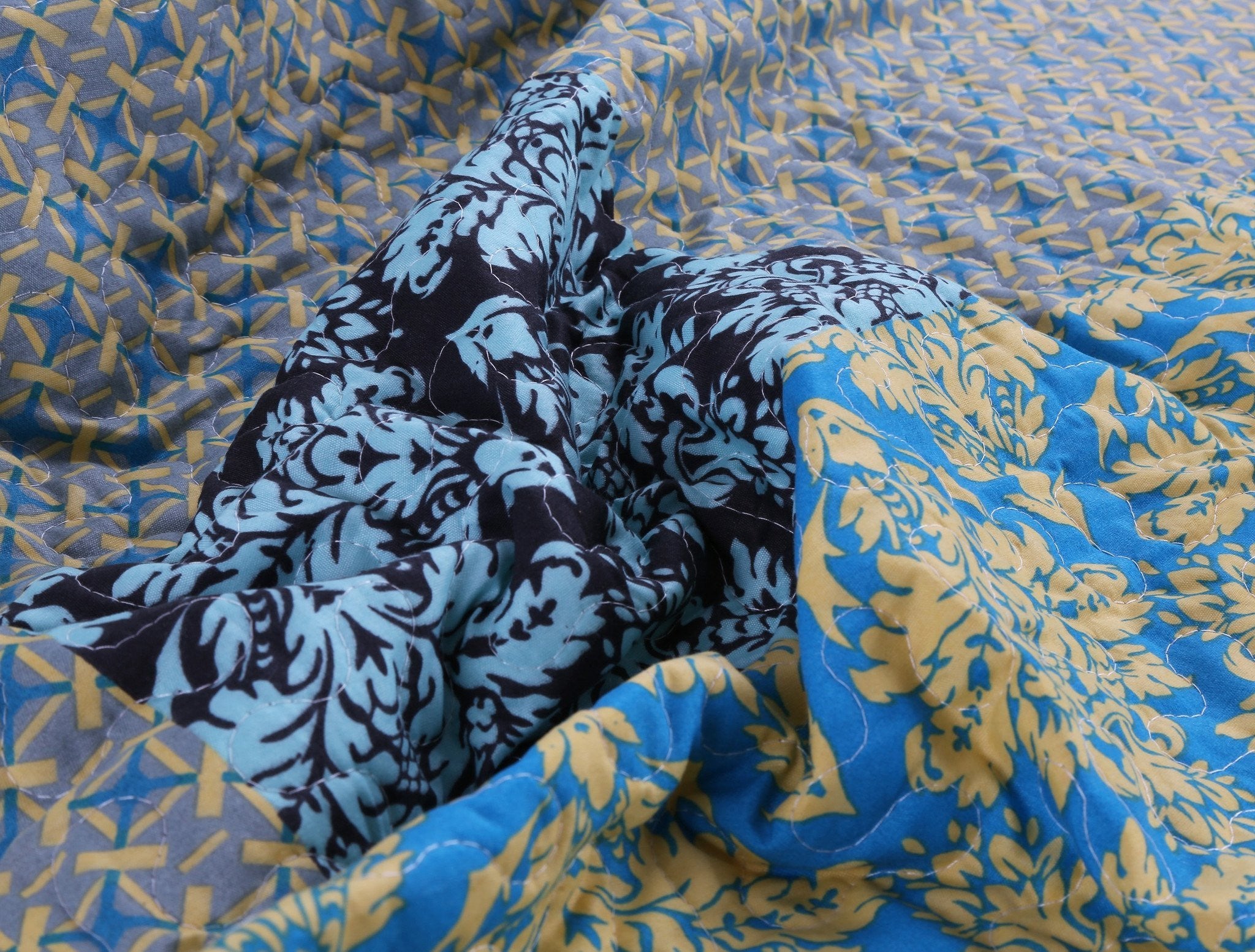 Tache Damask Ornate Baroque Teal Turquoise Blue Green Scalloped Quilt Set (SD-3300) - Tache Home Fashion