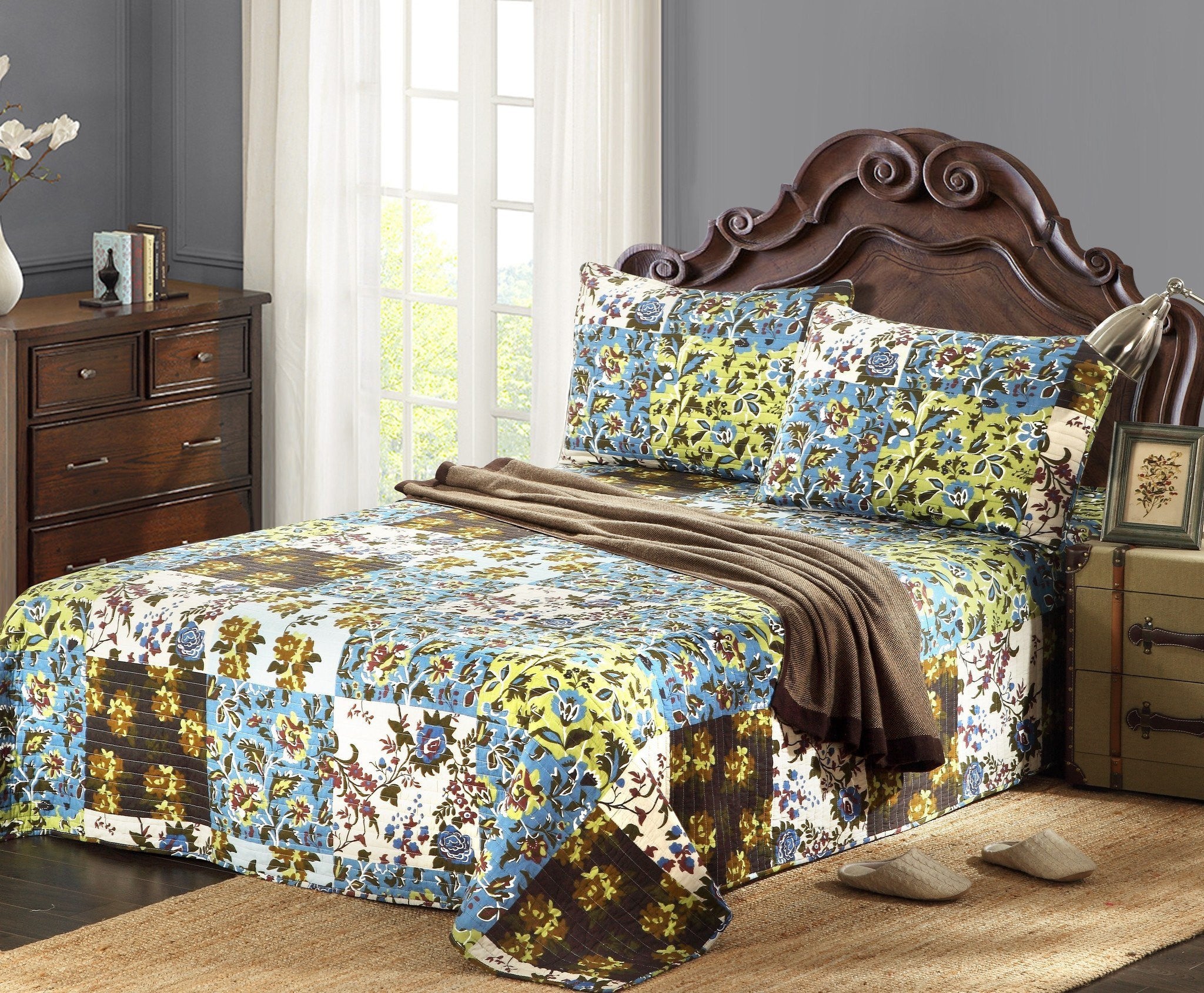 Tache Mystical Forest Green Blue Leaves Cotton Quilt Set (KST1504) - Tache Home Fashion