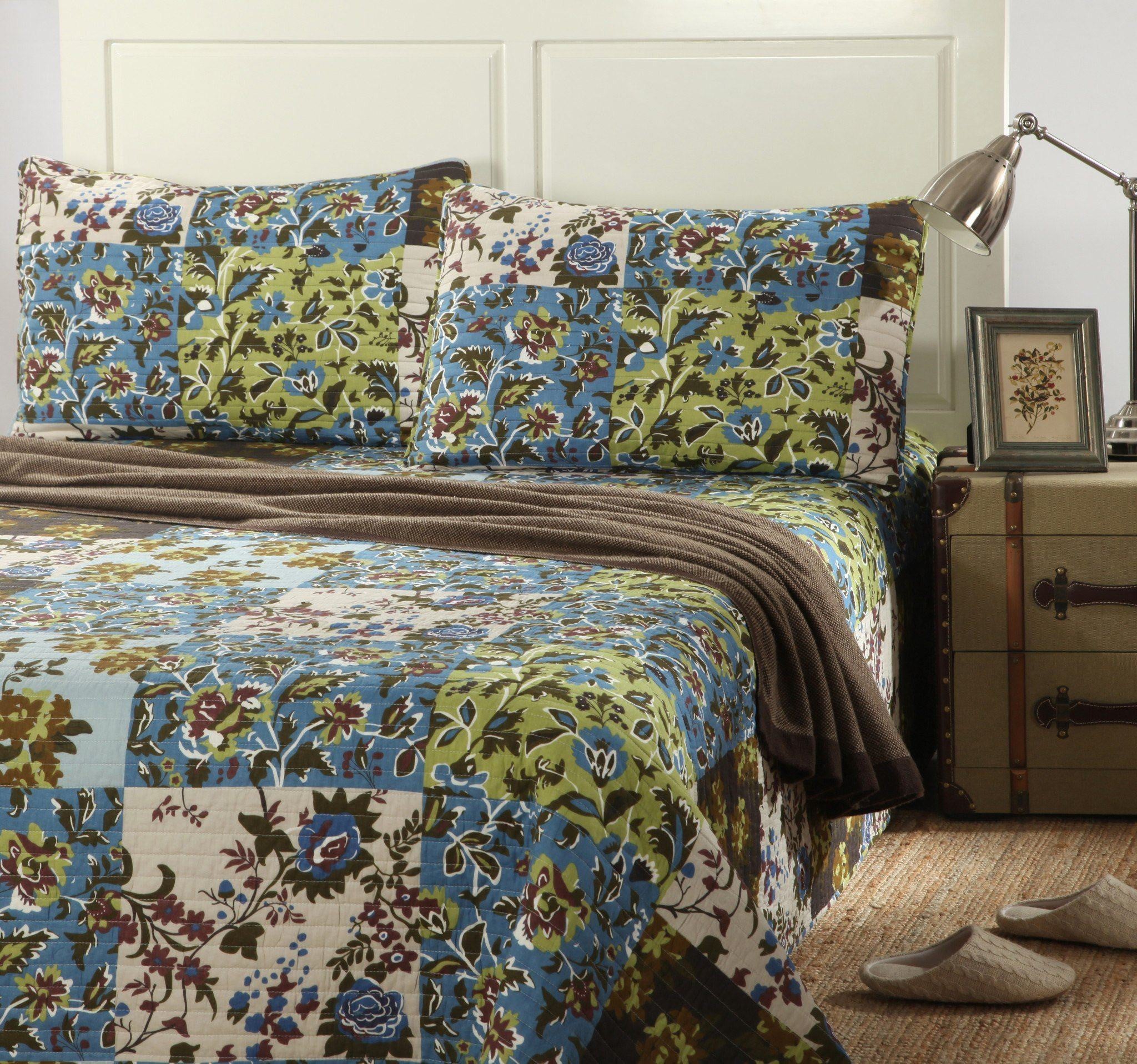 Tache Mystical Forest Green Blue Leaves Cotton Quilt Set (KST1504) - Tache Home Fashion