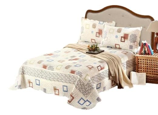 Tache Geometric Cubic Squares Ivory Scalloped Retro Cotton Quilt Bedspread Set (DSW009) - Tache Home Fashion