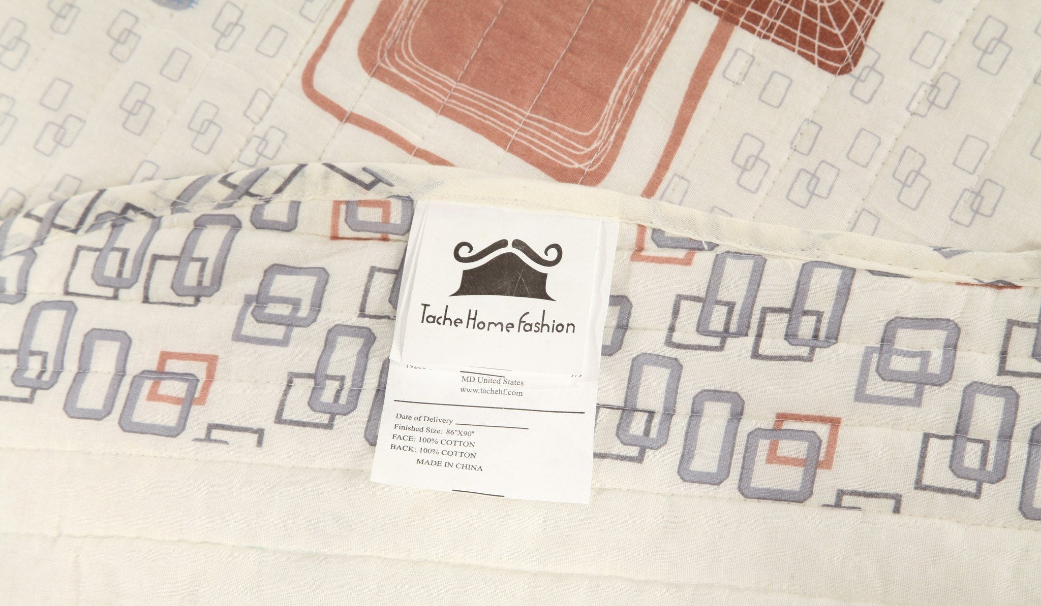 Geometric cubic squares ivory scalloped retro cotton quilt bedspread set by Tache Home Fashion