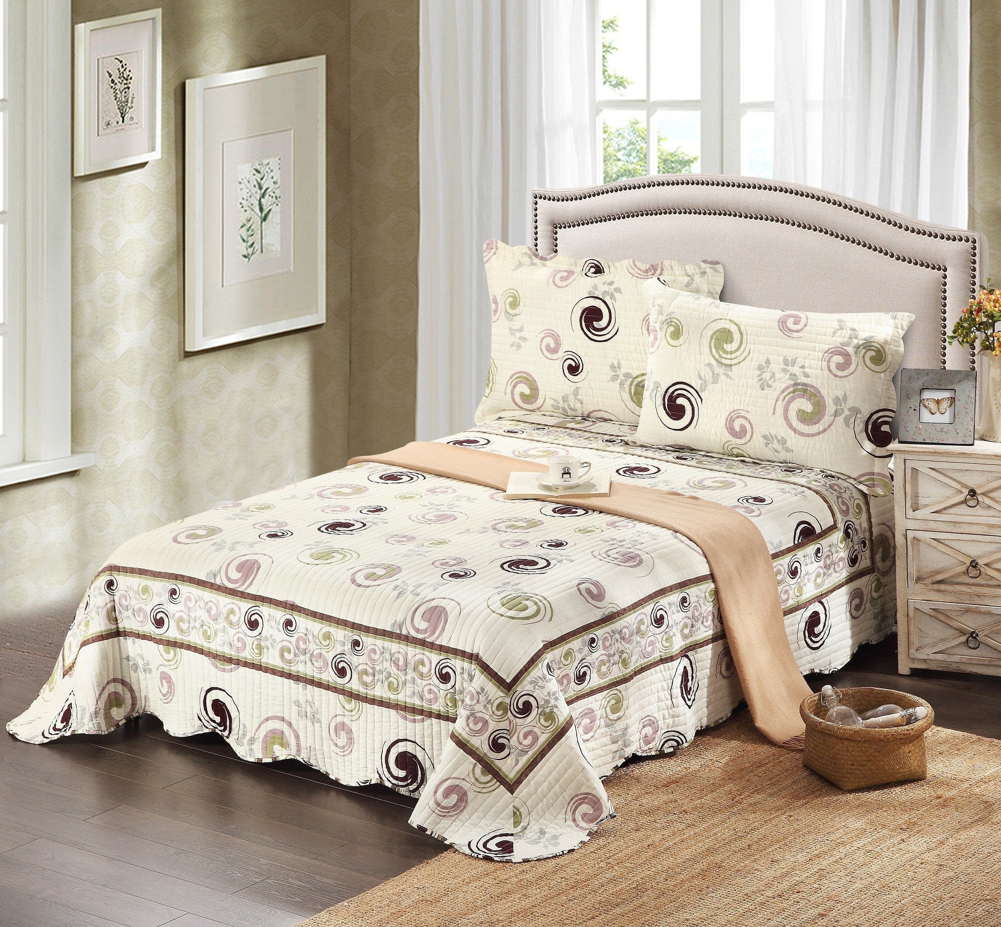 Tache Summer Storm Geometric Swirl Ivory White Scalloped Cotton Quilt Set (DSW019) - Tache Home Fashion