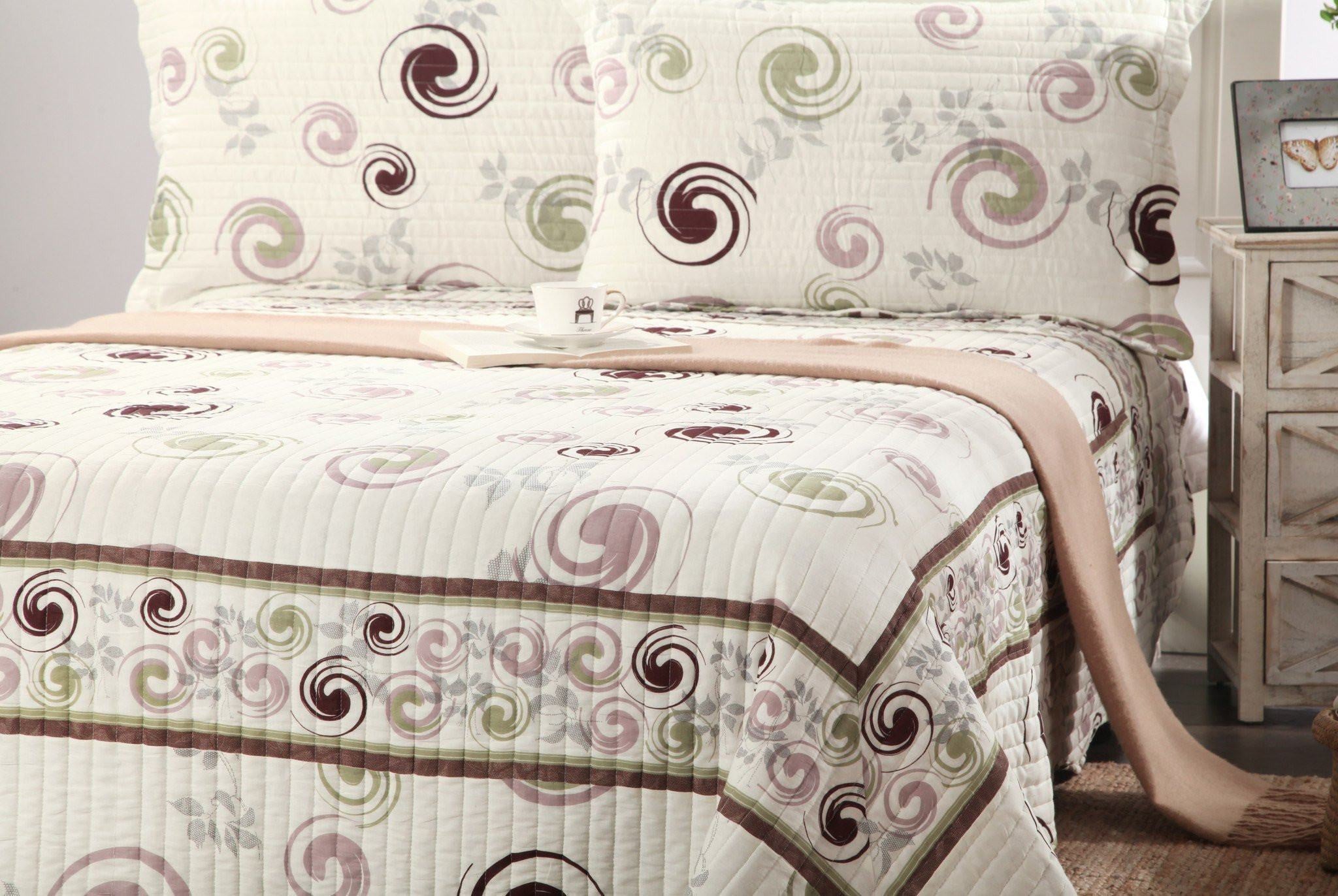 Tache Summer Storm Geometric Swirl Ivory White Scalloped Cotton Quilt Set (DSW019) - Tache Home Fashion