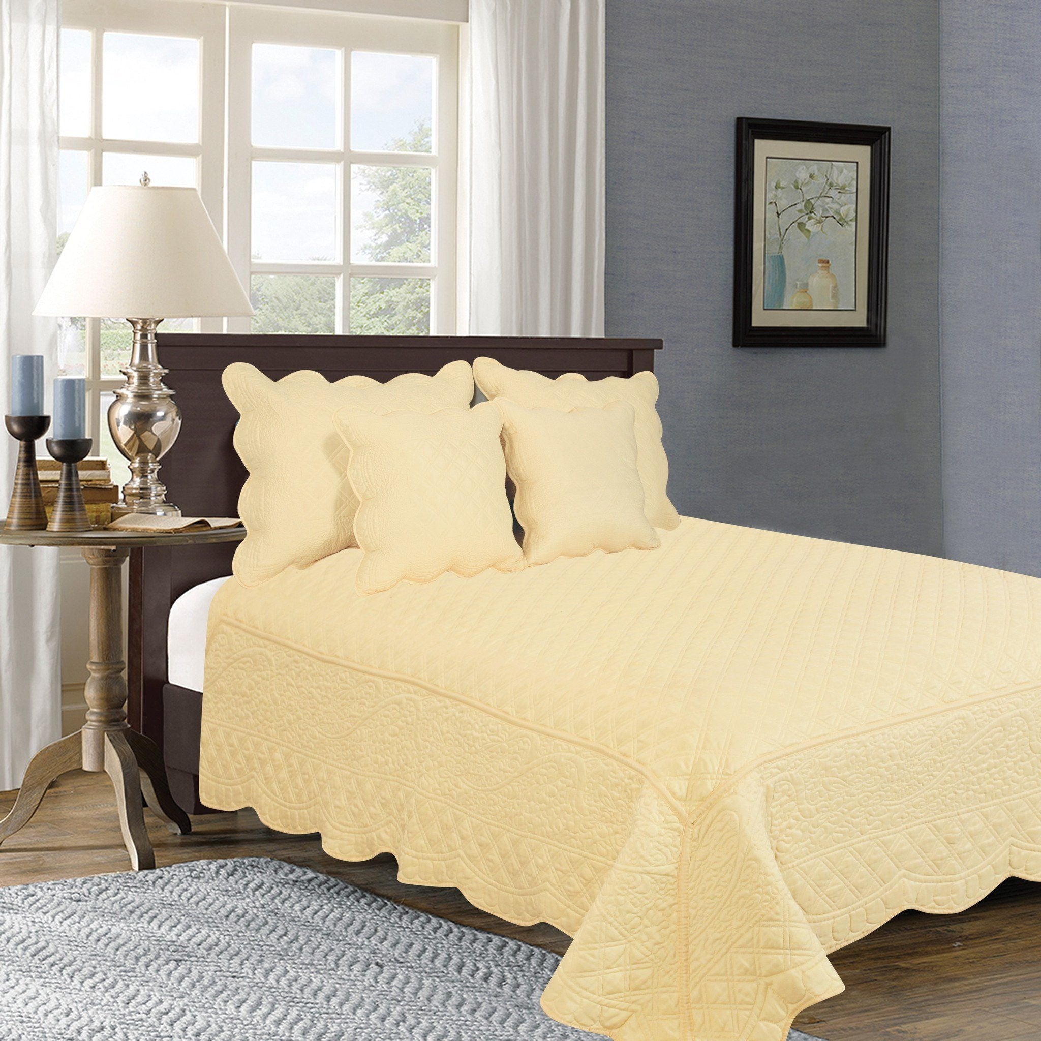 Tache Buttercup Puffs Yellow Diamond Matelasse Scalloped Quilt Set (YELLEMDES) - Tache Home Fashion