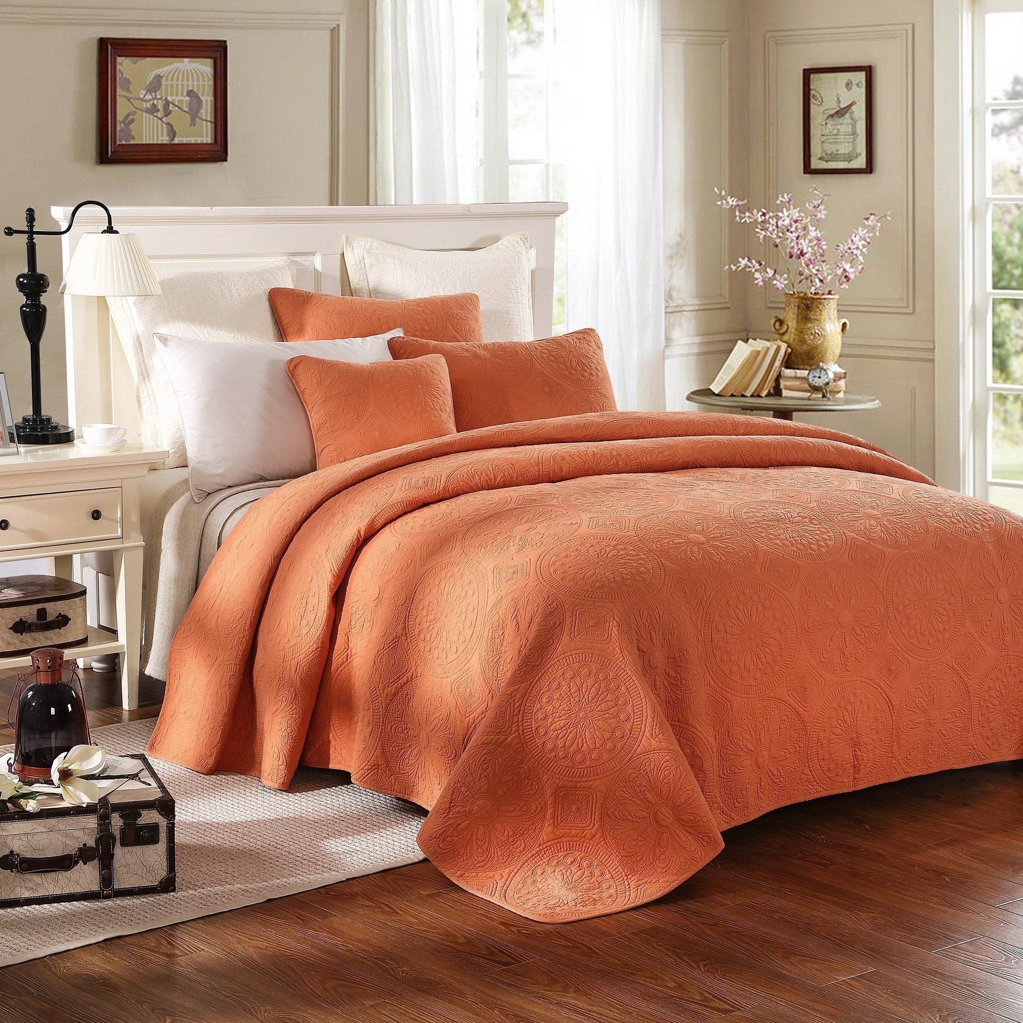 Tache Tuscany Sunrise Medallion Orange Rustic Stone Washed Cotton Quilt Set (JHW-595) - Tache Home Fashion