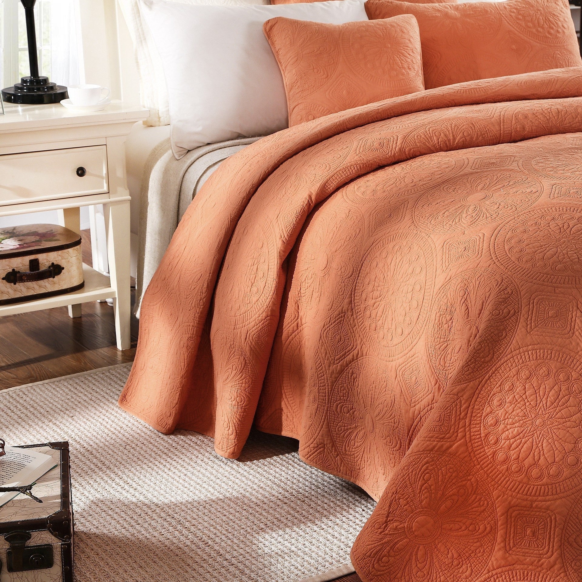 Tache Tuscany Sunrise Medallion Orange Rustic Stone Washed Cotton Quilt Set (JHW-595) - Tache Home Fashion