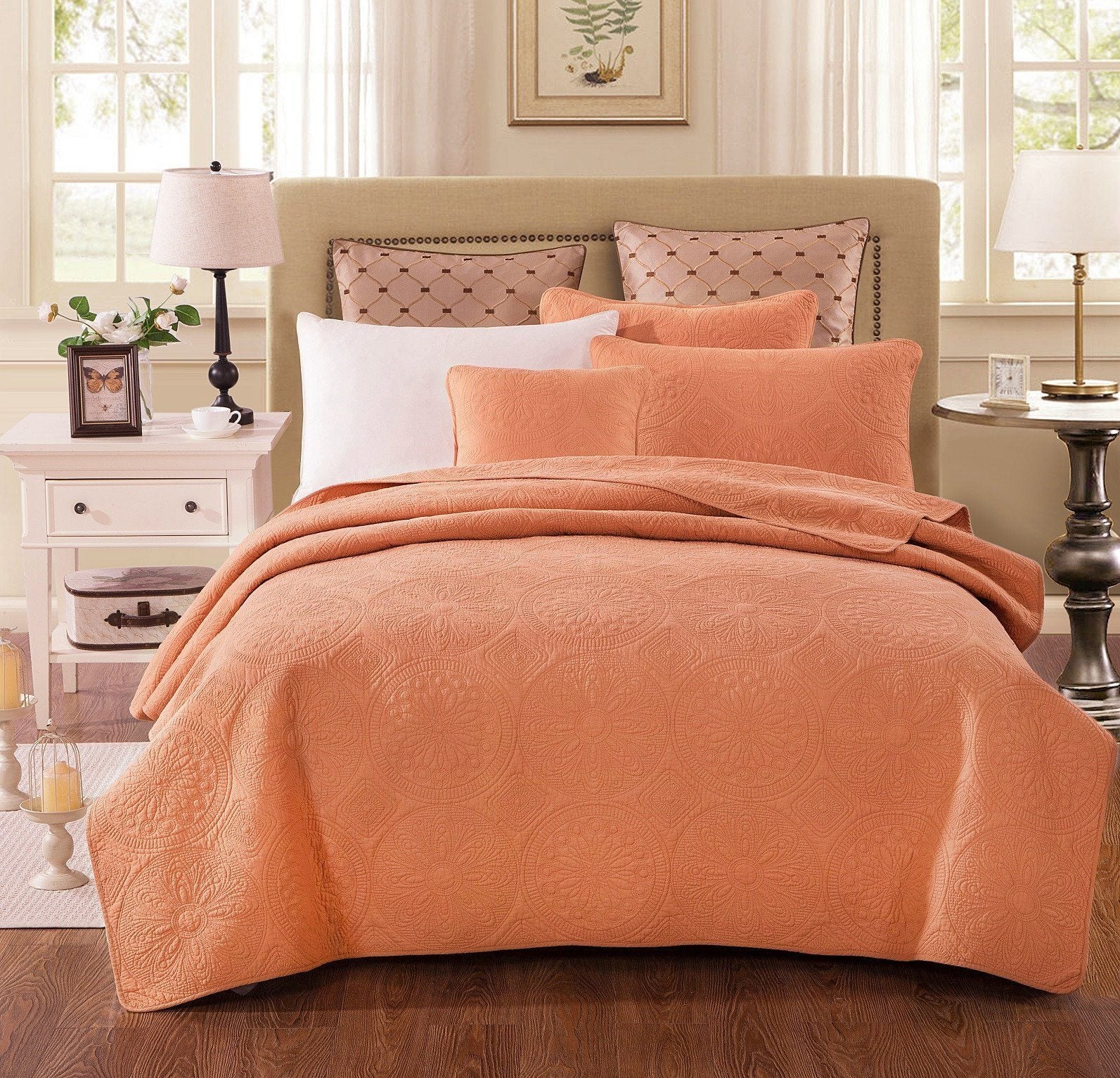 Tache Tuscany Sunrise Medallion Orange Rustic Stone Washed Cotton Quilt Set (JHW-595) - Tache Home Fashion