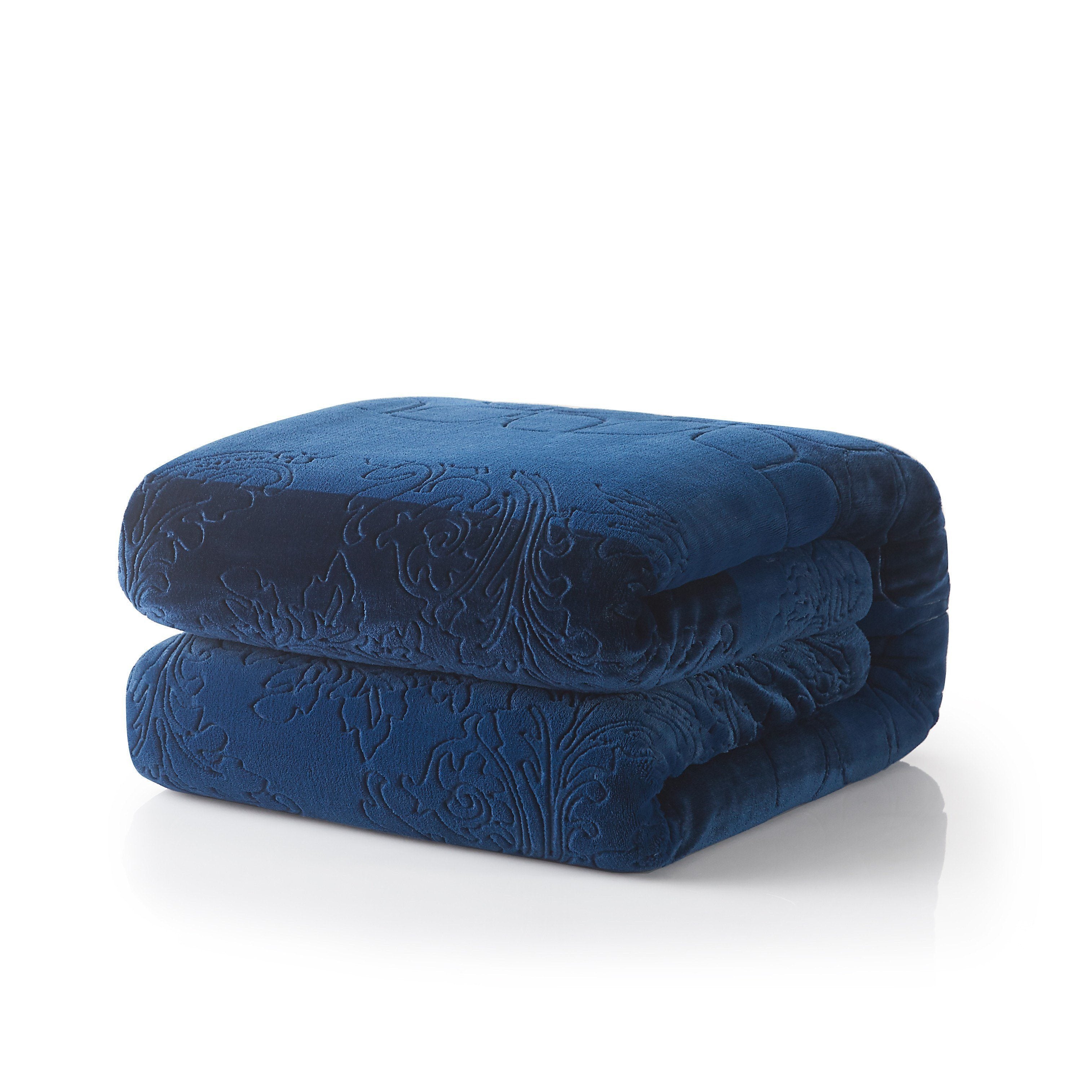 Tache Solid Embossed Cozy Night Blue Sherpa Throw Blanket (62093) - Tache Home Fashion