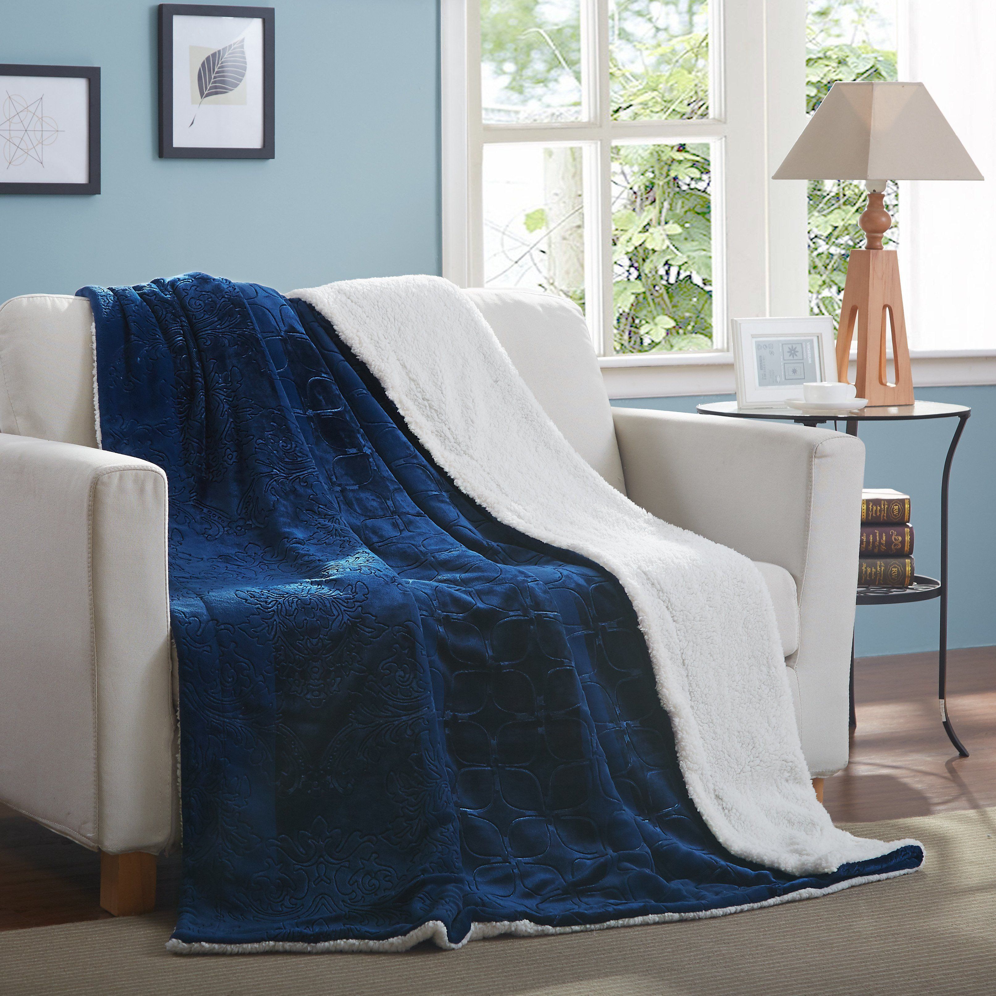 Tache Solid Embossed Cozy Night Blue Sherpa Throw Blanket (62093) - Tache Home Fashion