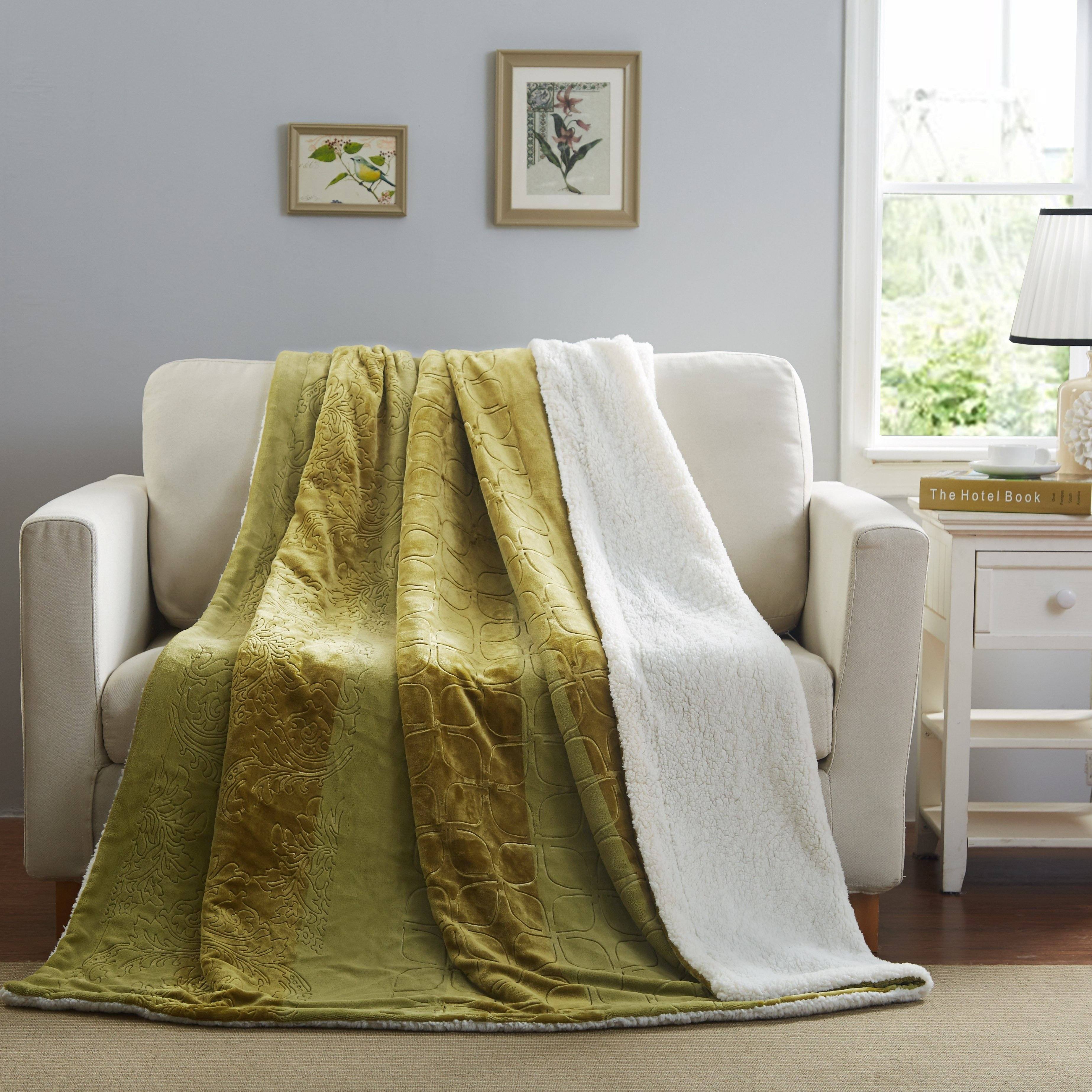 Tache Solid Embossed Green Olive Chartreuse Sherpa Throw Blanket (62096) - Tache Home Fashion