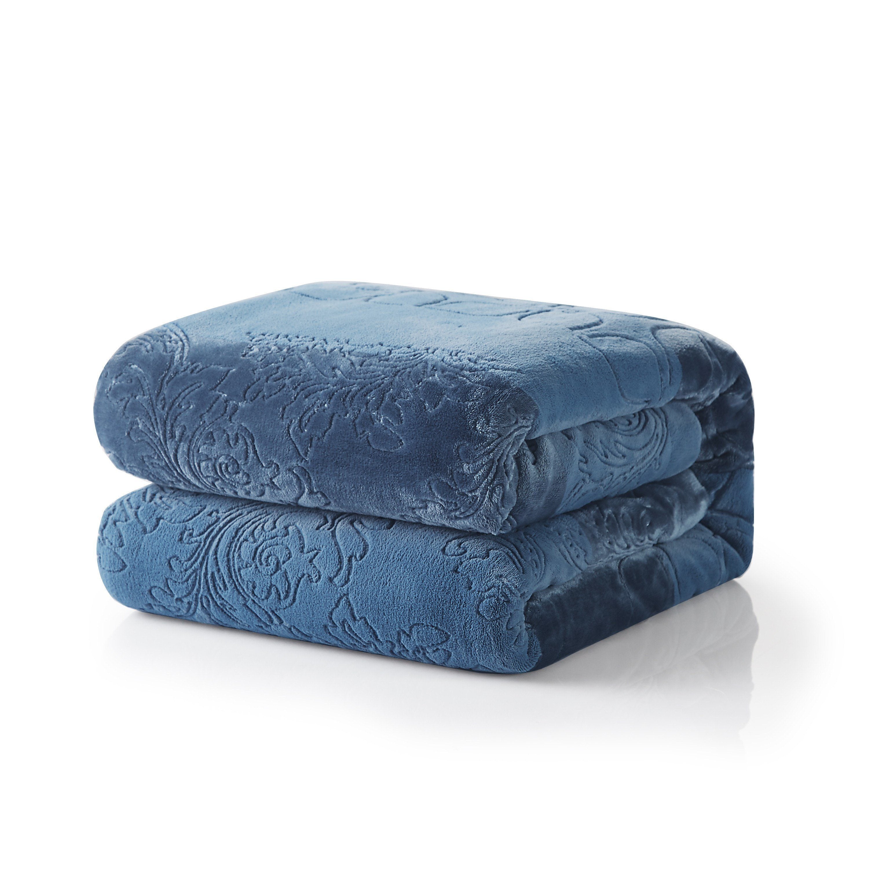 Tache Solid Embossed Rainy Day Grey Blue Sherpa Throw Blanket (62090) - Tache Home Fashion