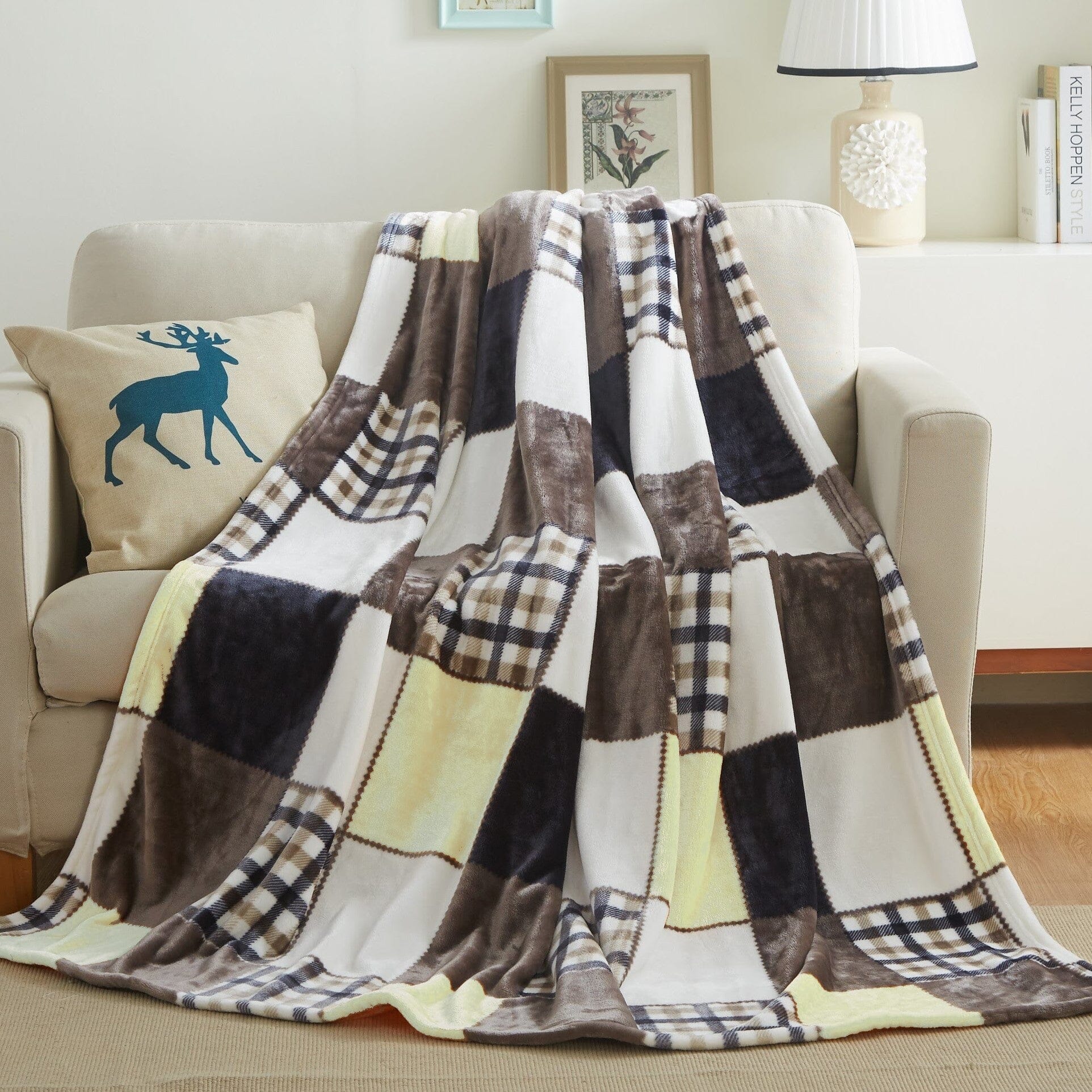 Tache Buttermilk Fall Yellow Brown Farmhouse Super Soft Plaid Patchwork Throw Blanket (4026) - Tache Home Fashion