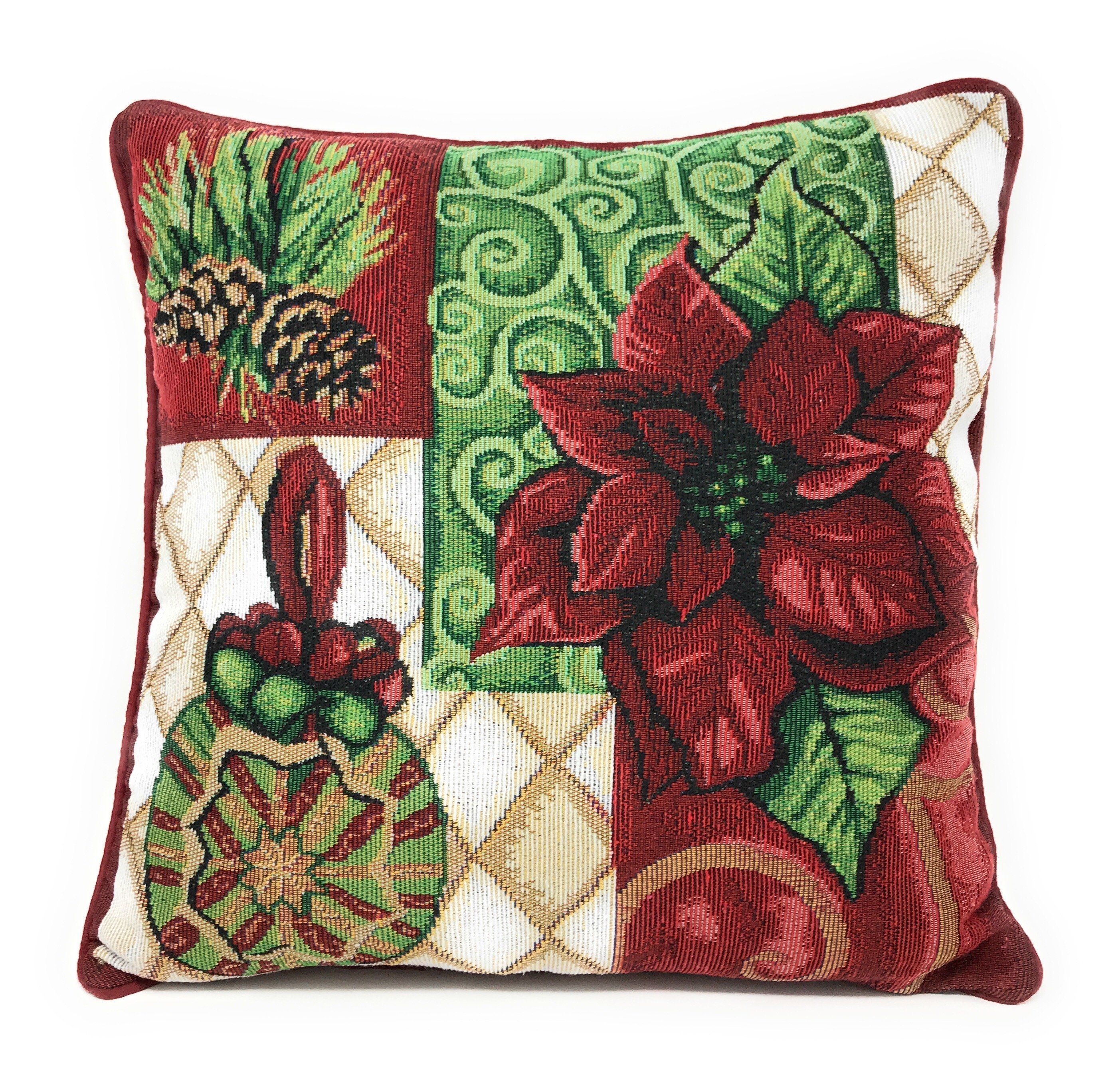 Tache Poinsettia Christmas Festive Patchwork Holiday Tidings Tapestry Throw Pillow Cover (12900CC-1616) - Tache Home Fashion