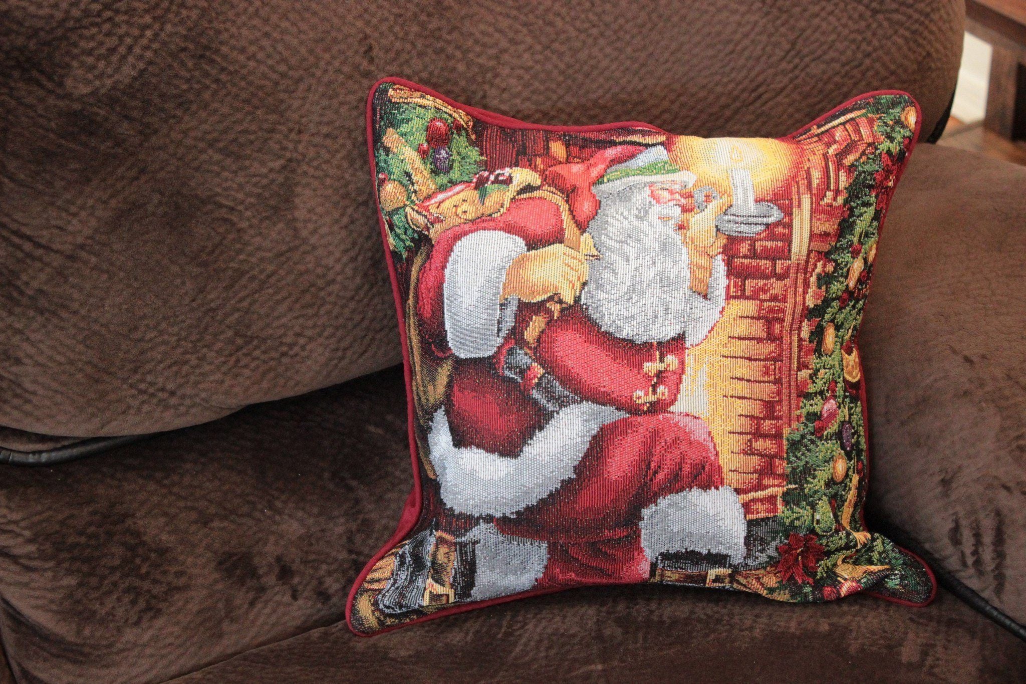 Tache Festive Santa Down the Chimney Tapestry Throw Pillow Cover (DB11533CC) - Tache Home Fashion