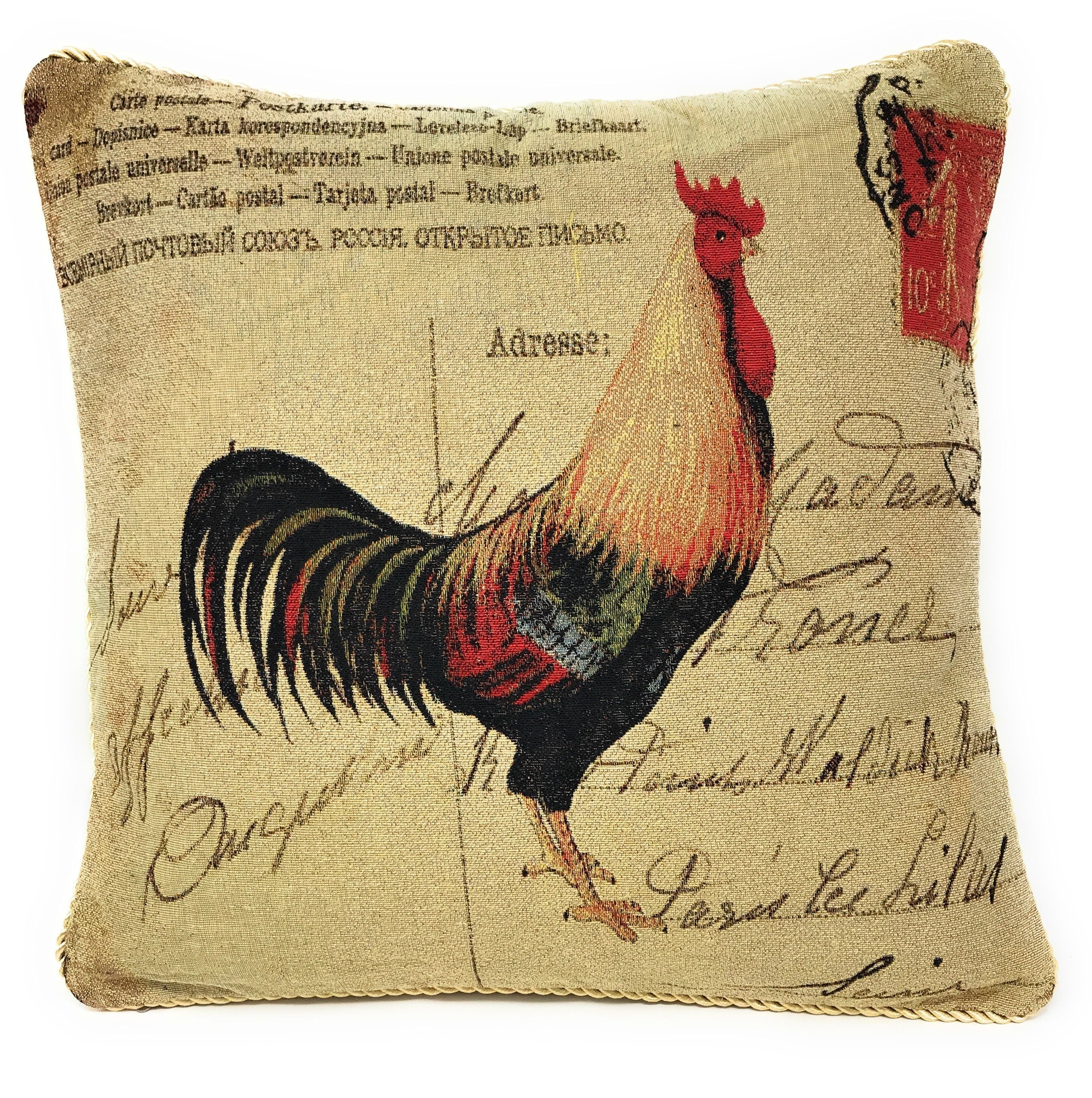 Tache Postcard Rooster Vintage Tapestry Woven Throw Pillow Cover (CC-15051) - Tache Home Fashion