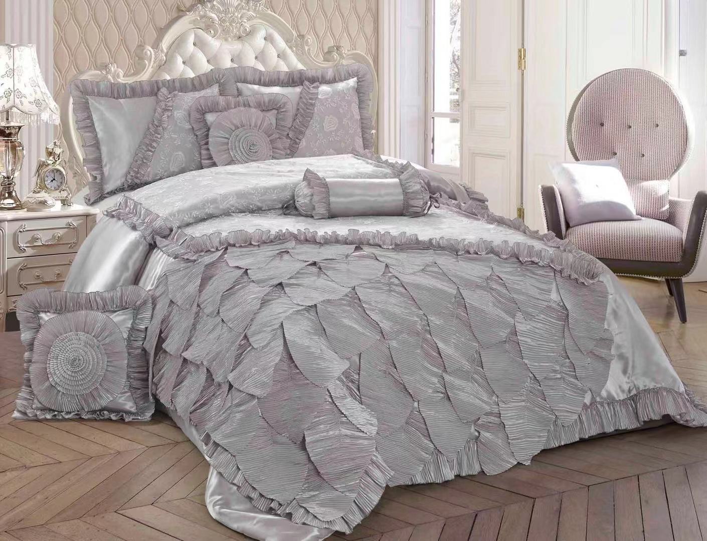 Tache Satin Ruffle Floral Lace Silver Rose Petals Comforter Set (HYZ102) - Tache Home Fashion