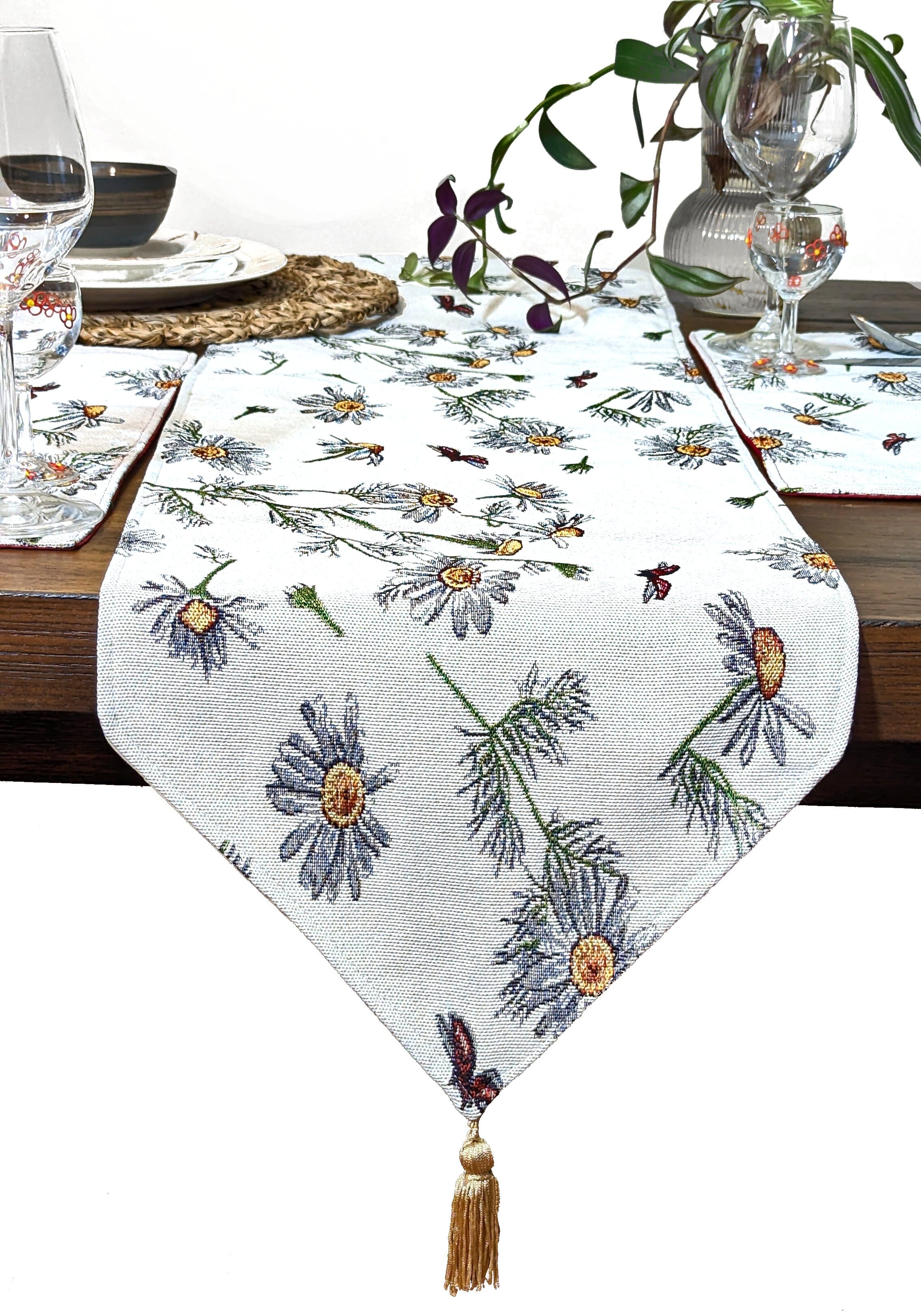 Tache Floral Yellow Daisies Ladybugs Ivory Woven Tapestry Table Runner (18114) - Tache Home Fashion