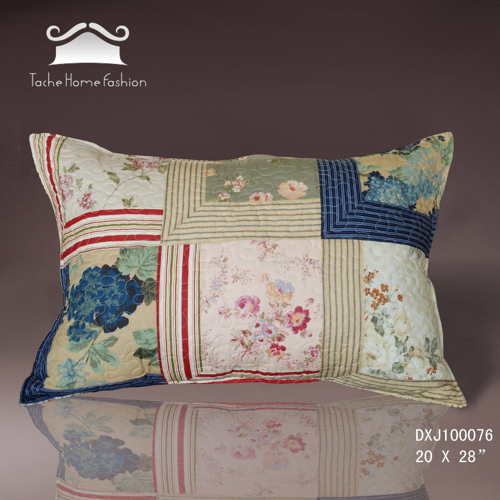 Tache Cotton Patchwork Striped Exotic Floral Beige Blue Japanese Garden Pillow Sham 2-Pieces (DXJ100076) - Tache Home Fashion