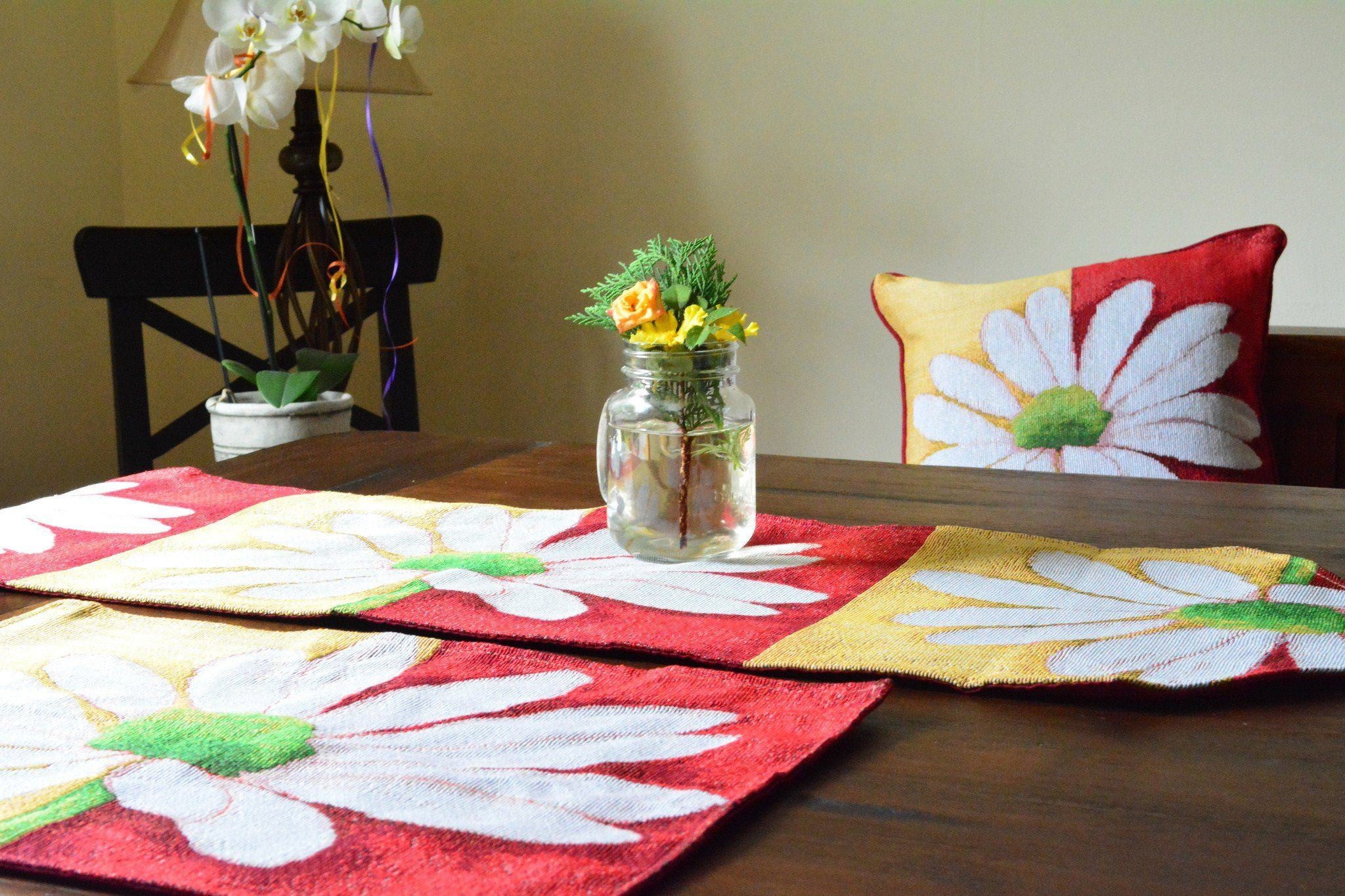 Tache Daisy Loves Me Not Floral Red & Yellow Tapestry Placemat Set of 4 (9046) - Tache Home Fashion