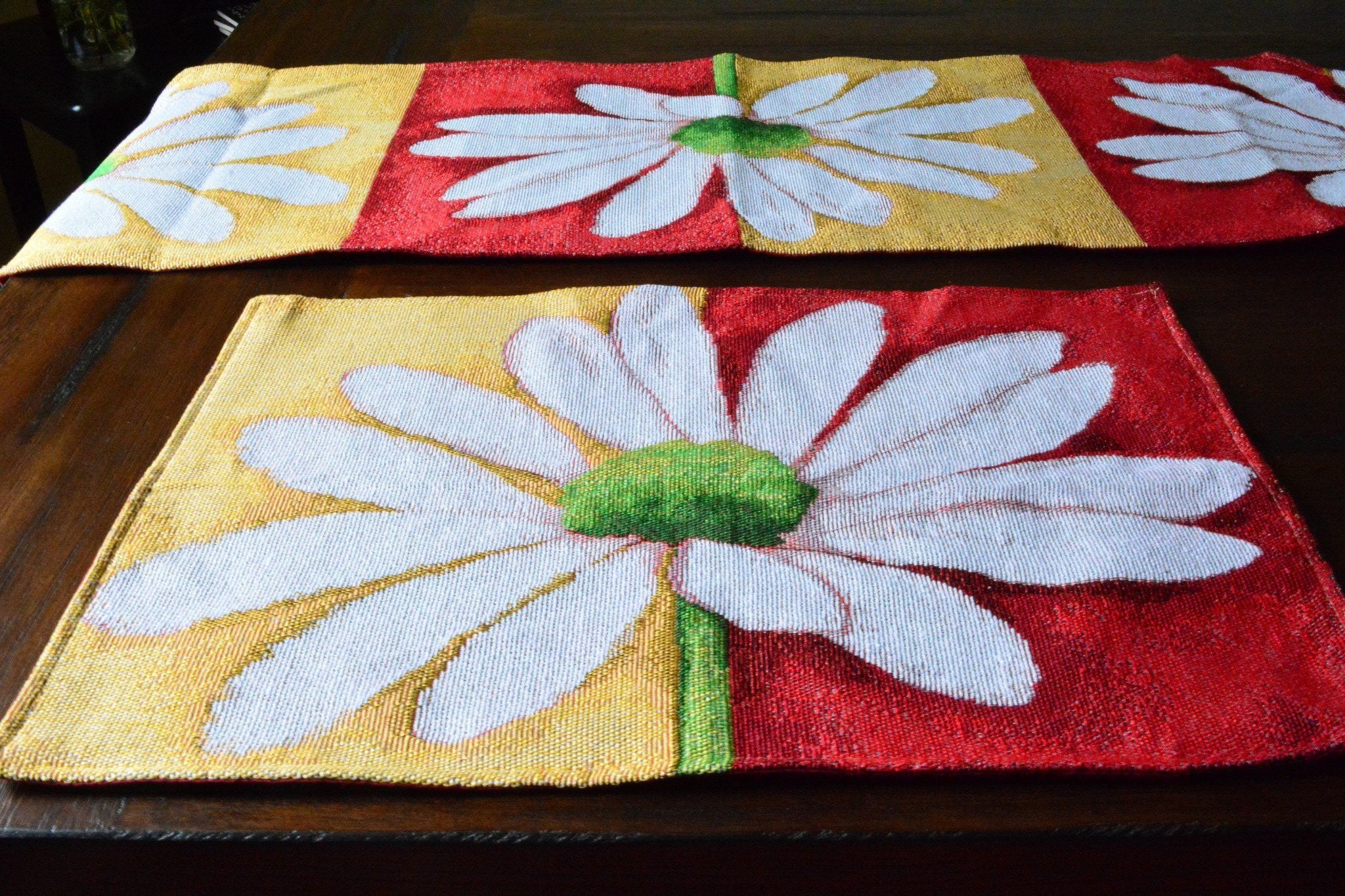 Tache Daisy Loves Me Not Floral Red & Yellow Tapestry Placemat Set of 4 (9046) - Tache Home Fashion