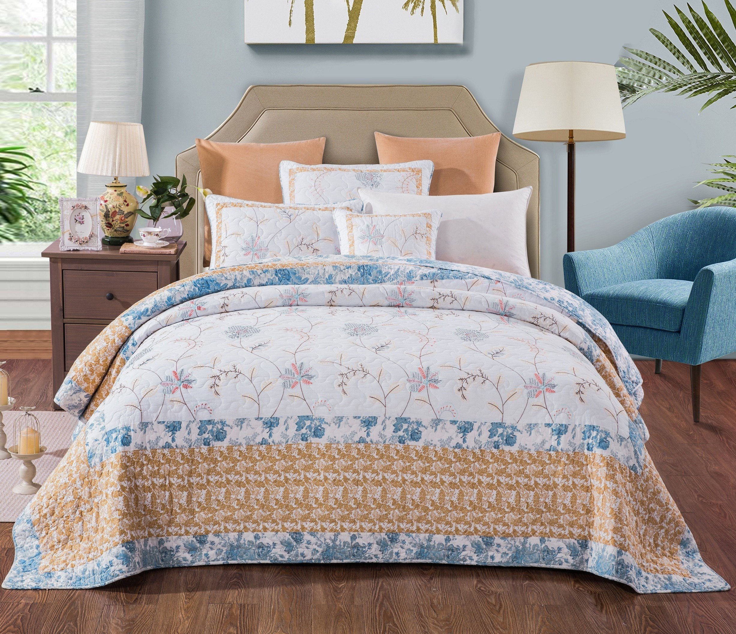 Tache Coastal Cottage Embroidered White Blue Yellow Floral Cotton Patchwork Quilt Set (JHW-668) - Tache Home Fashion