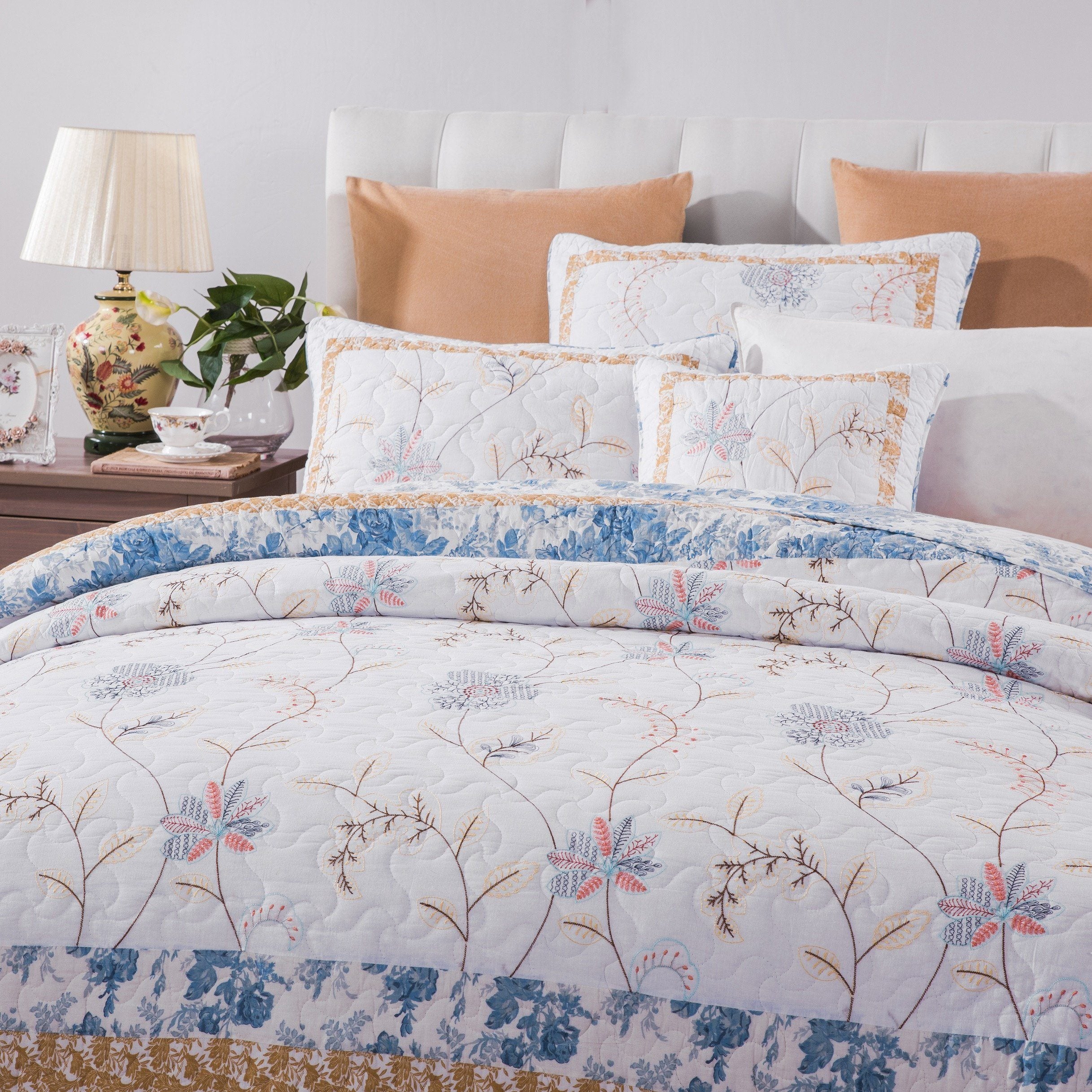 Tache Coastal Cottage Embroidered White Blue Yellow Floral Cotton Patchwork Quilt Set (JHW-668) - Tache Home Fashion