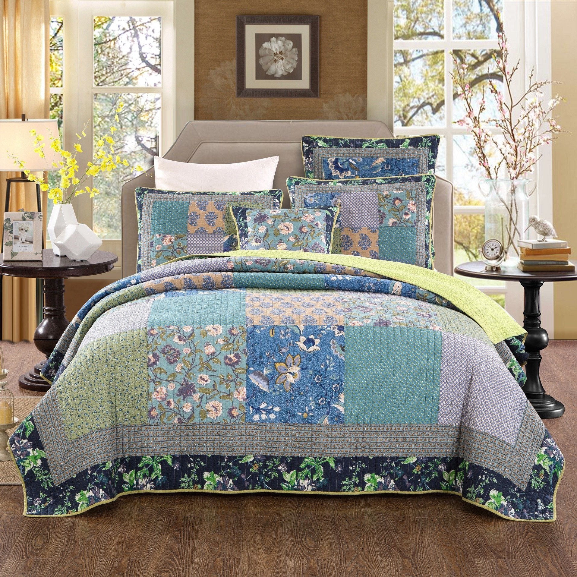 Tache Cotton Bohemian Tropical Calla Lily Quilted Patchwork Bedspread Set (JHW-687) - Tache Home Fashion
