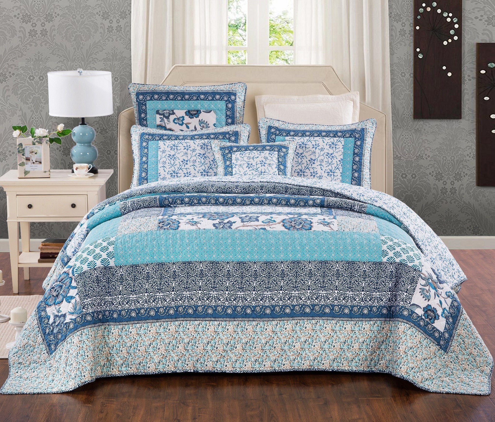 Tache cotton Floral Patchwork Blue Elegance Bedspread Coverlet Quilt Set (JHW-657) - Tache Home Fashion