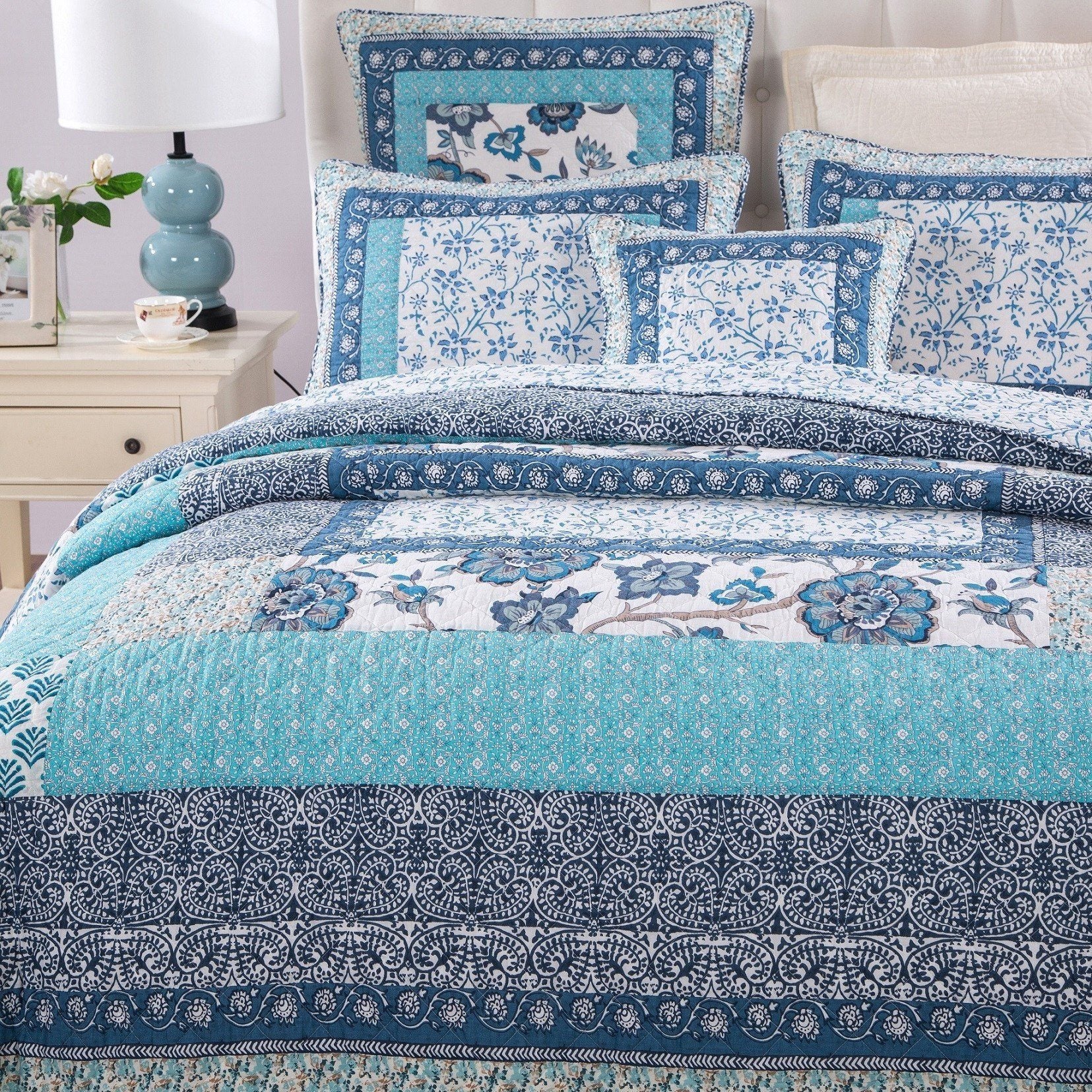 Tache cotton Floral Patchwork Blue Elegance Bedspread Coverlet Quilt Set (JHW-657) - Tache Home Fashion
