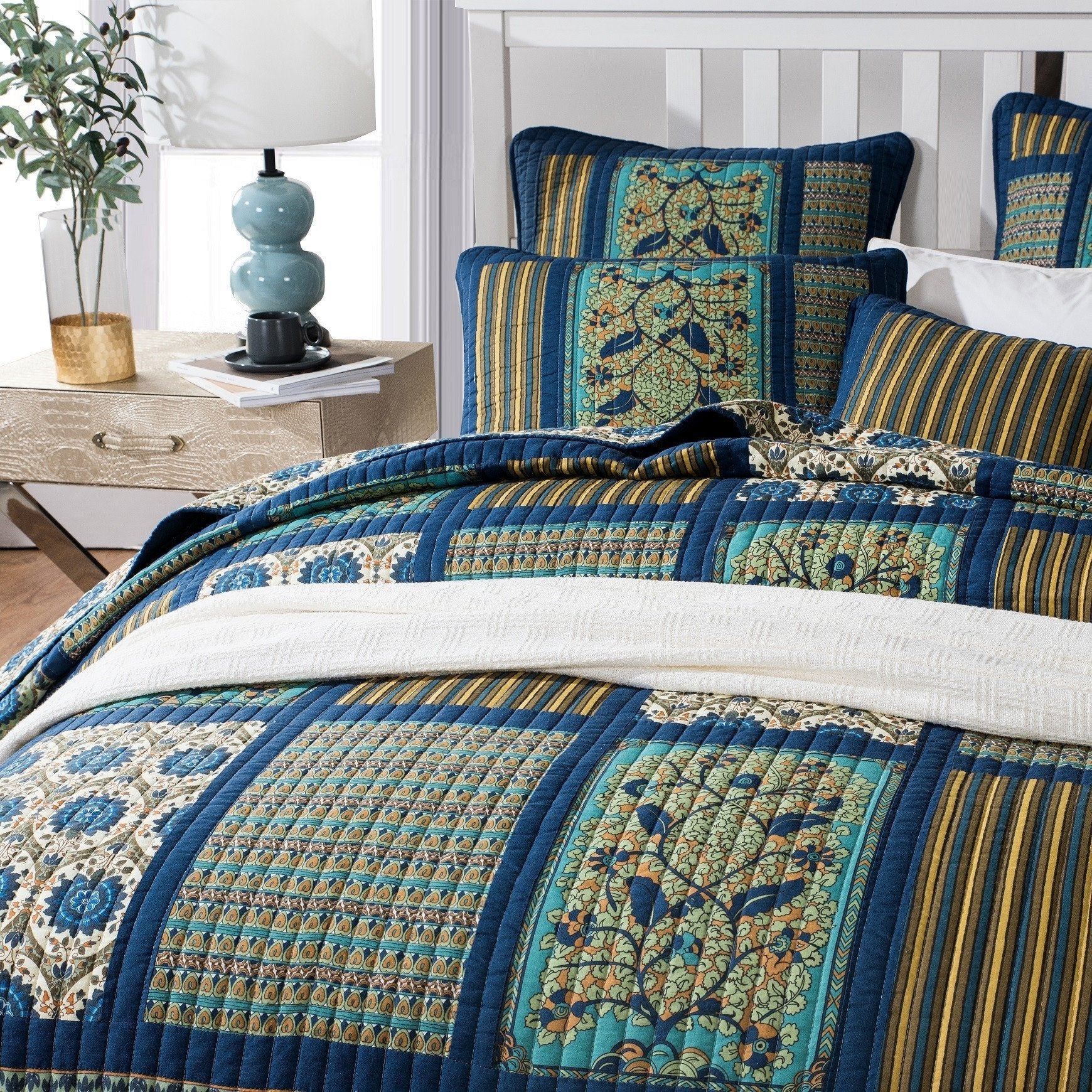 Tache 2-3 Piece Elegant Striped Forest Patchwork Quilt Vibrant Multi Color (JHW-679) - Tache Home Fashion