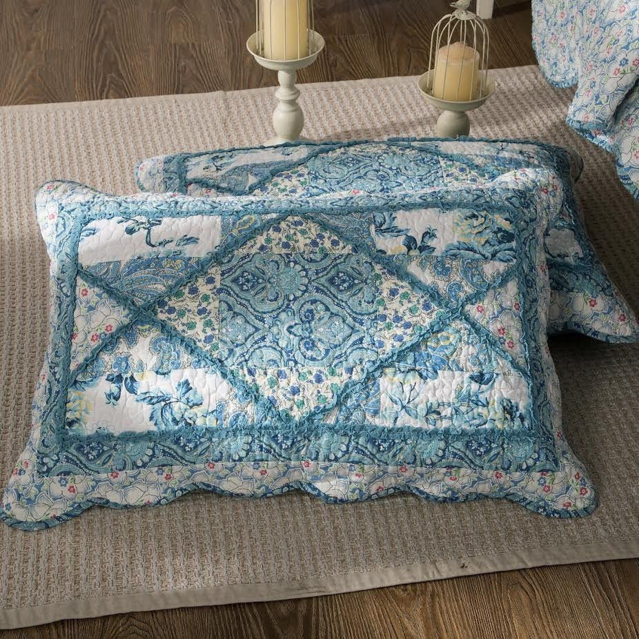 Tache Petal Dance White Blue Floral Vintage Garden Scalloped Cotton Patchwork Quilt Set (JHW-646) - Tache Home Fashion