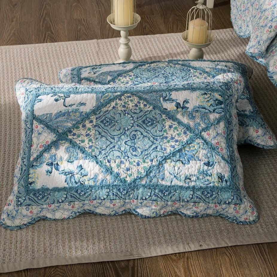 Tache Petal Dance White Blue Floral Vintage Garden Scalloped Cotton Patchwork Quilt Set (JHW-646) - Tache Home Fashion