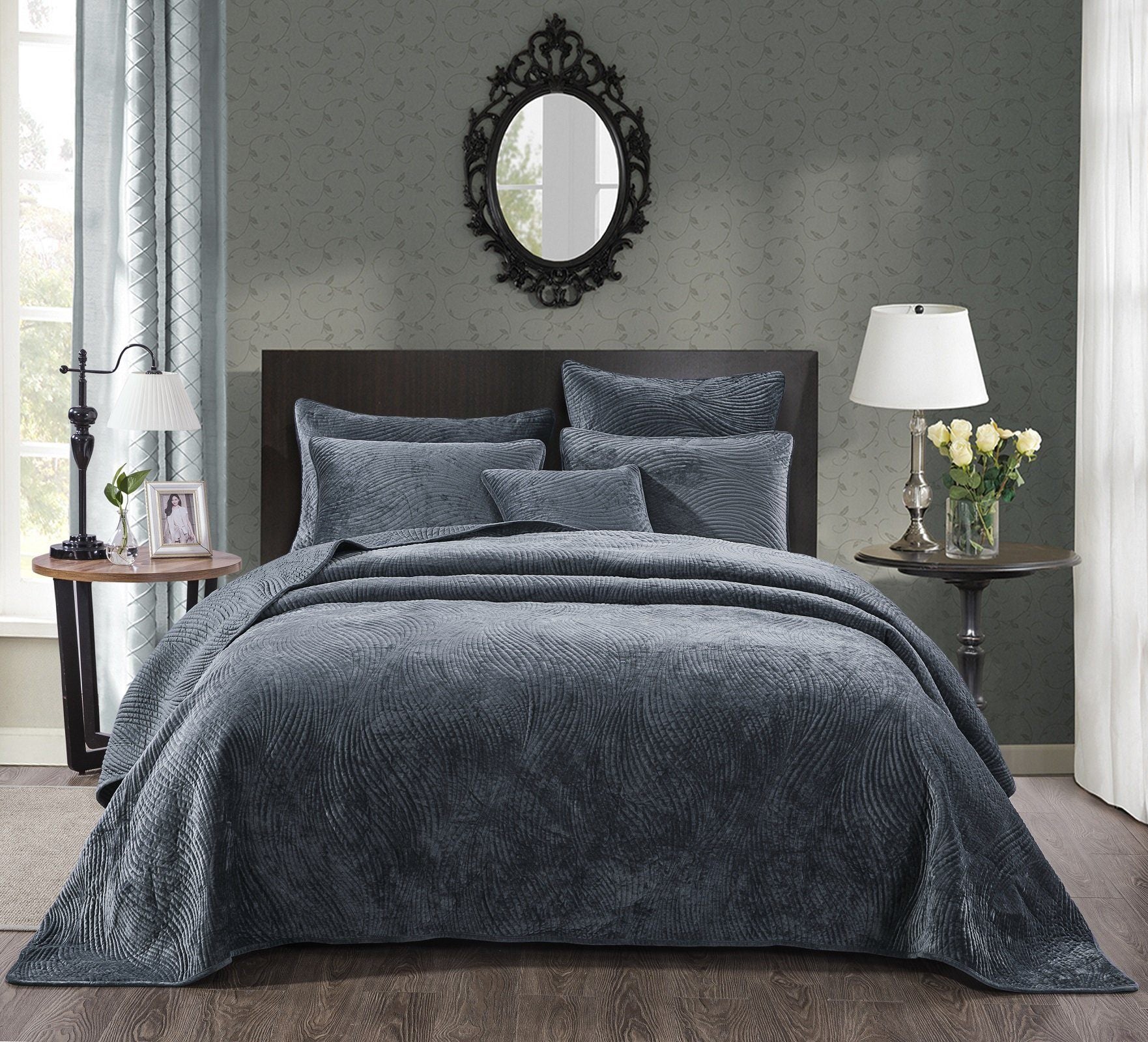 Dark Blue Elegant Soft Velvet Velour Bedspread Comforter Set