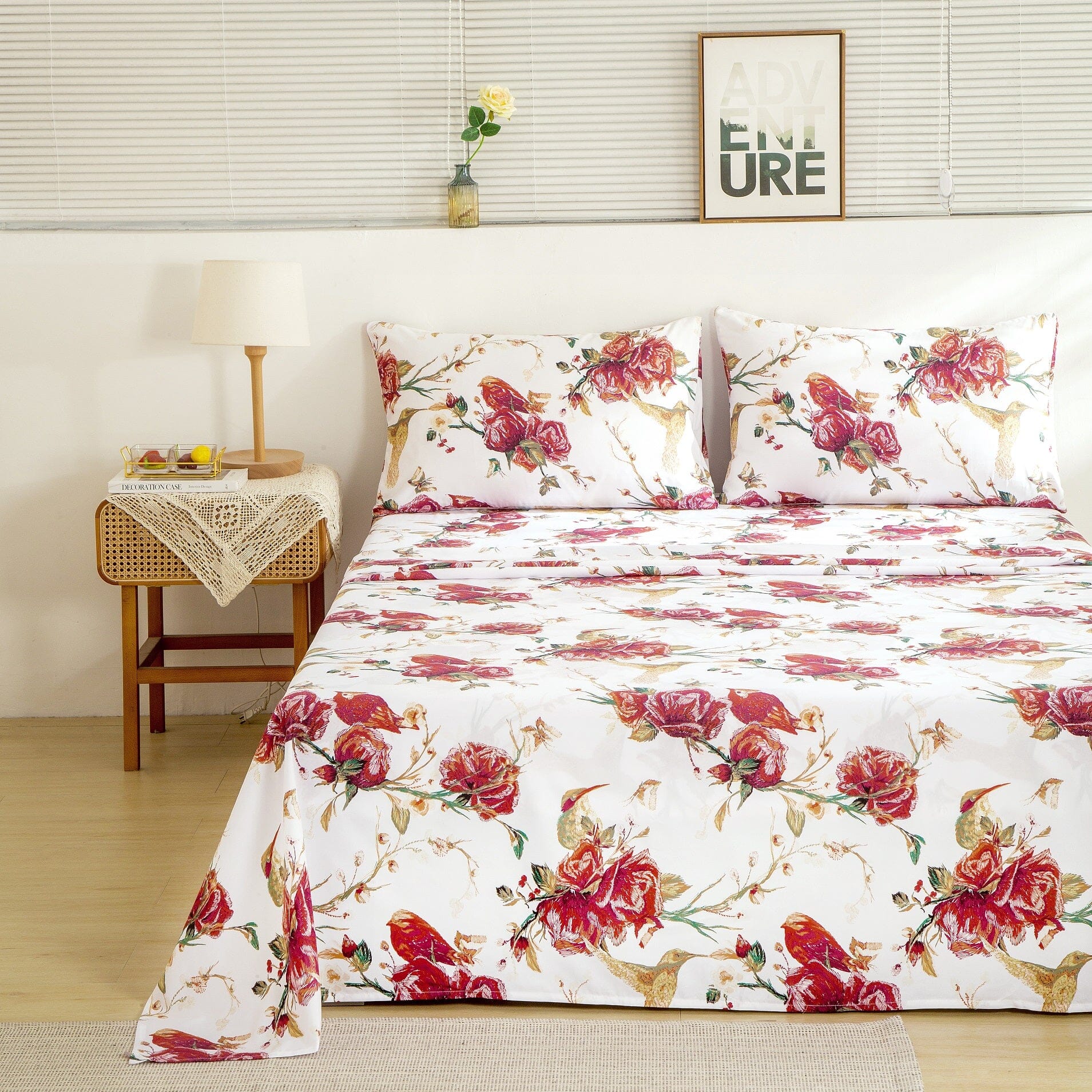 Floral Red Roses Shabby Chic Country Cottage Bed Sheet Set