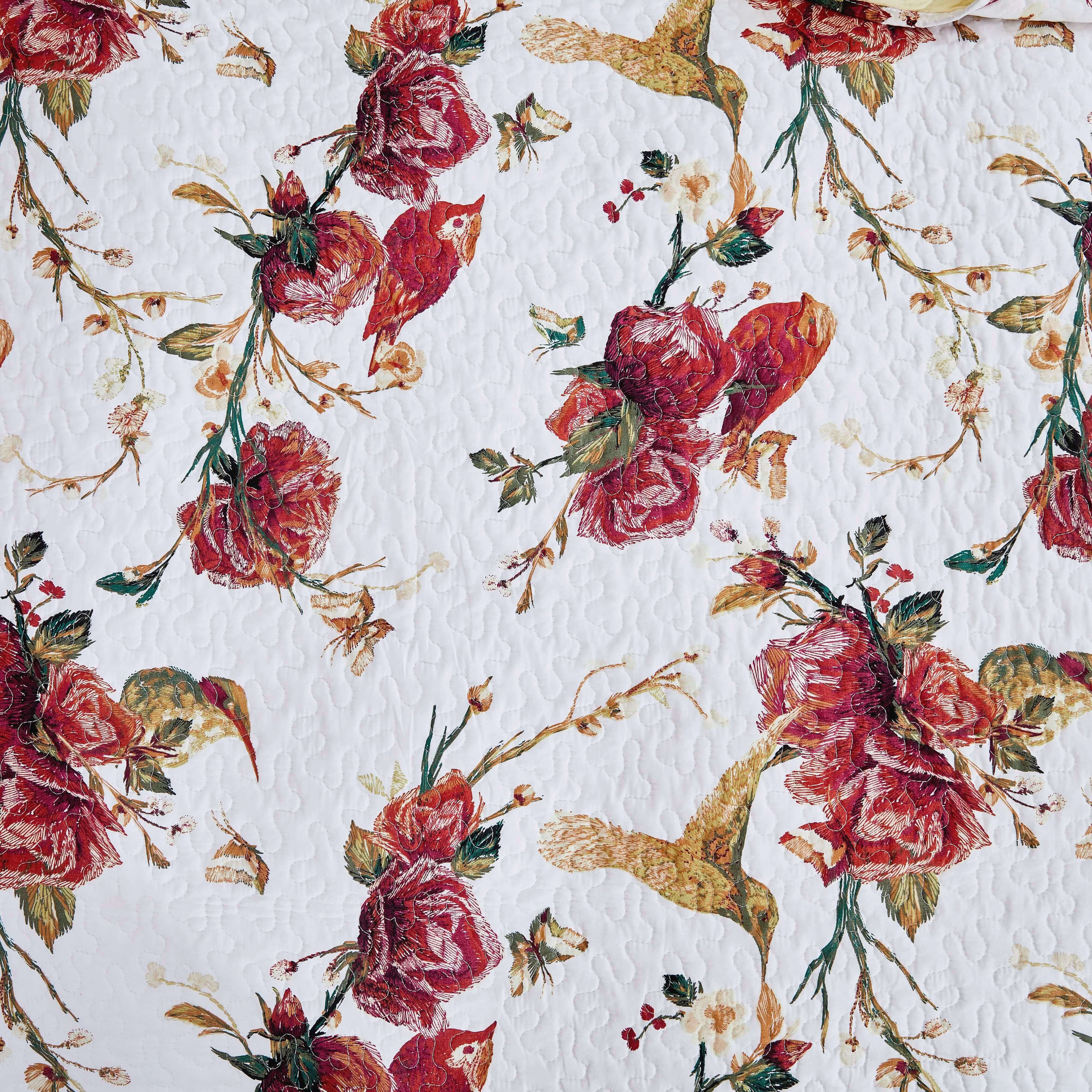 Tache Vintage Rose Garden Floral Hummingbirds Burgundy White Reversible Quilt Set (SD-7676)