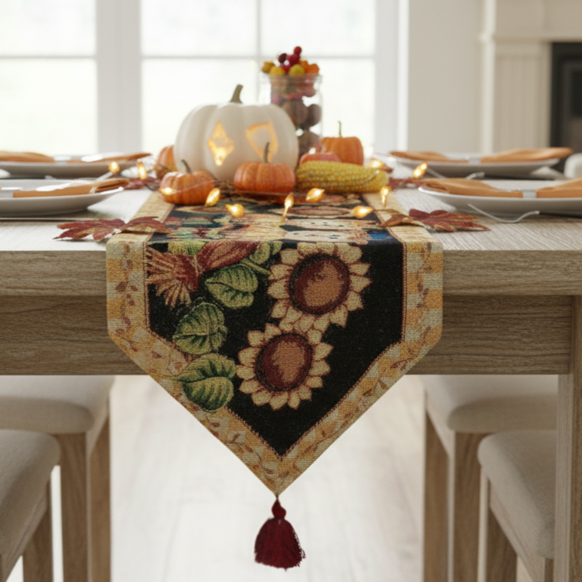 Decorative tapestry table runner with sunflower scarecrow and leaves on a set dining table.