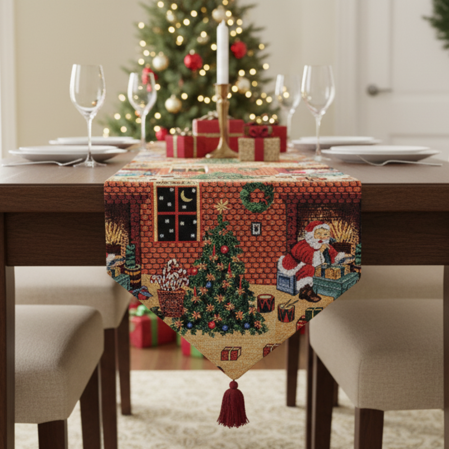Dining table set with a orange brown Christmas-themed table runner, candles, and wine glasses.