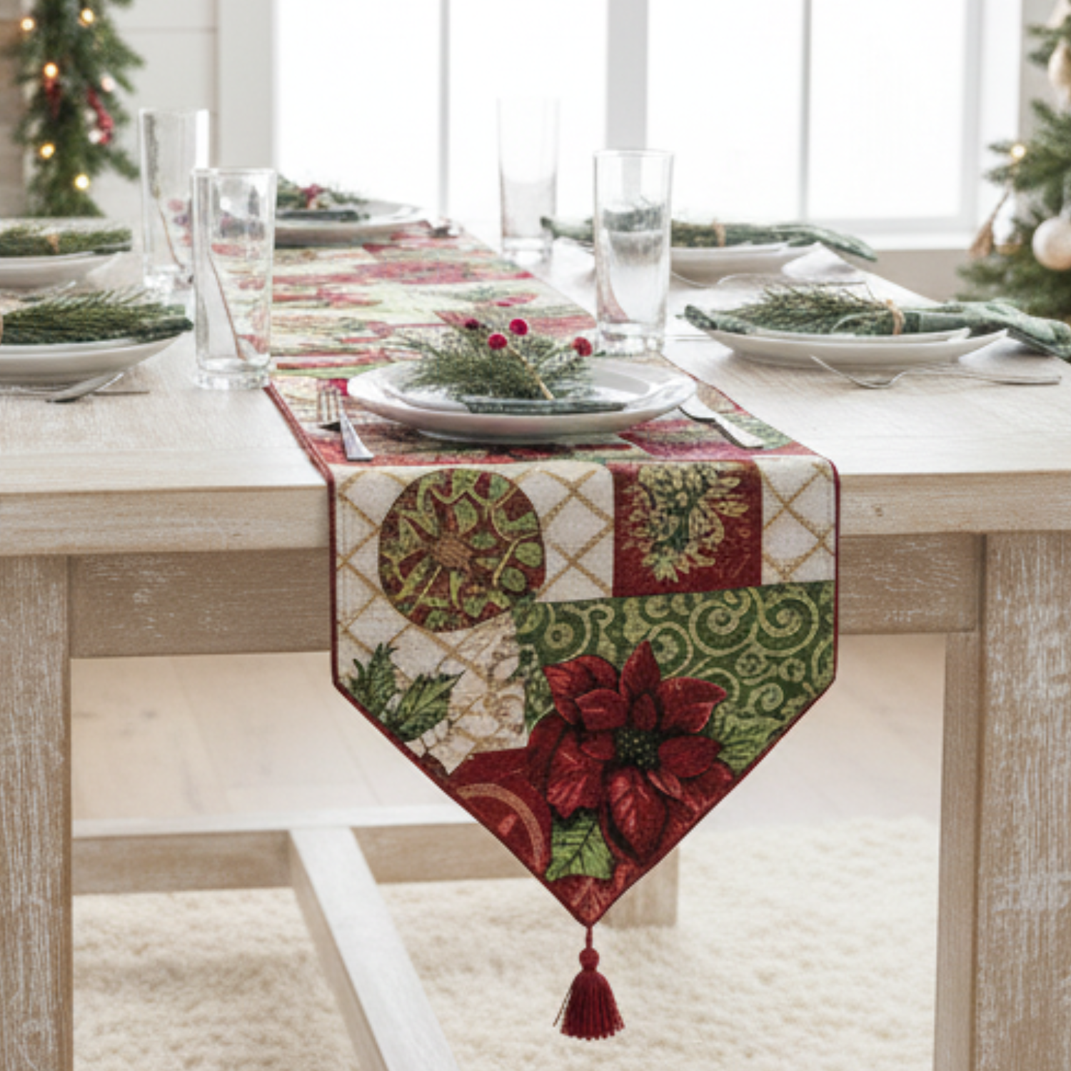 Tache Holiday Tidings Table Runner Dining table set with a Christmas-themed table runner, plates, and glasses.
