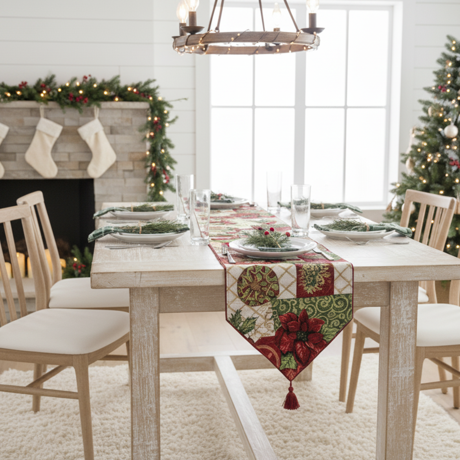 Dining room with a Christmas table setting, decorated fireplace, and tree.