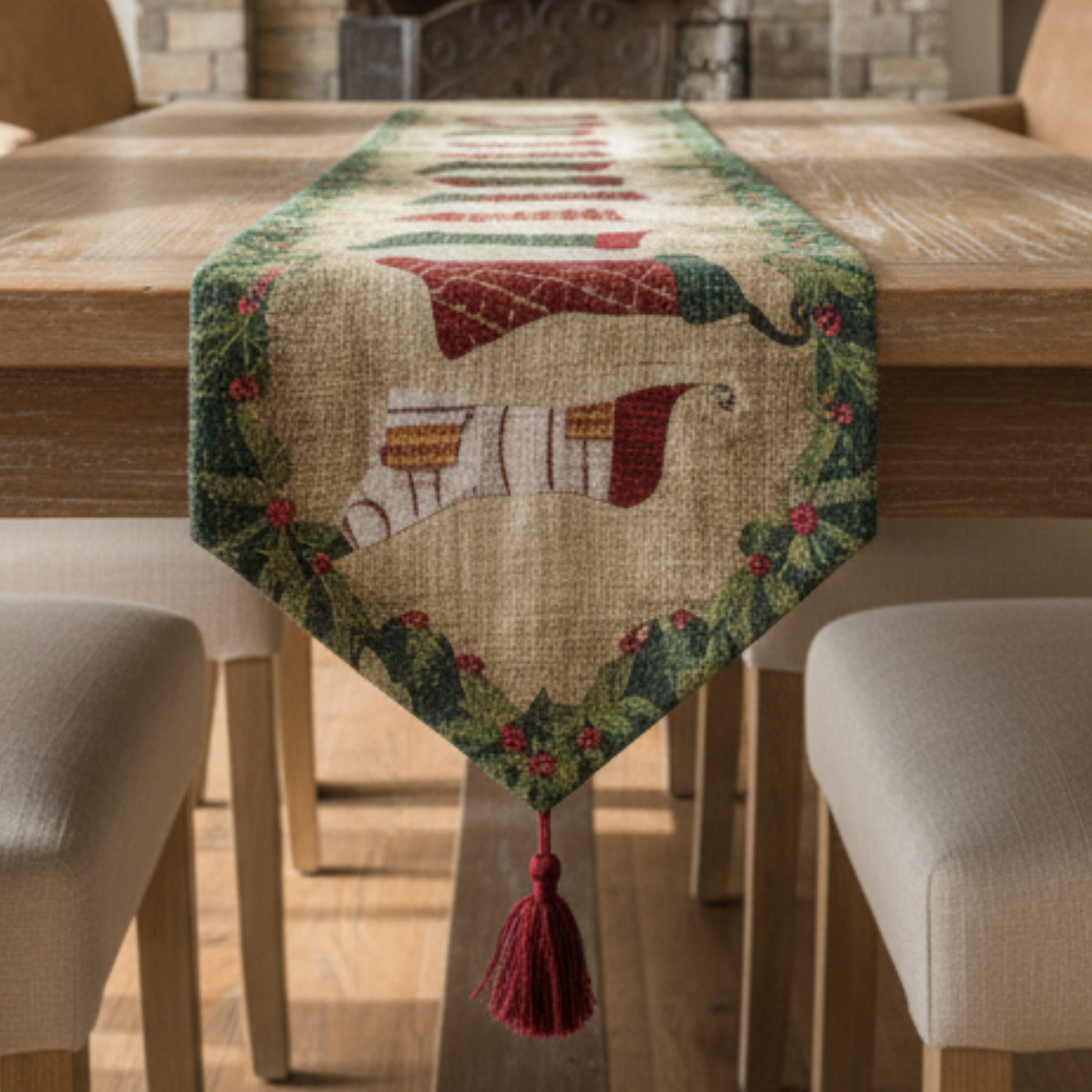 Decorative Festive holiday table runner with a stocking design on a wooden table.