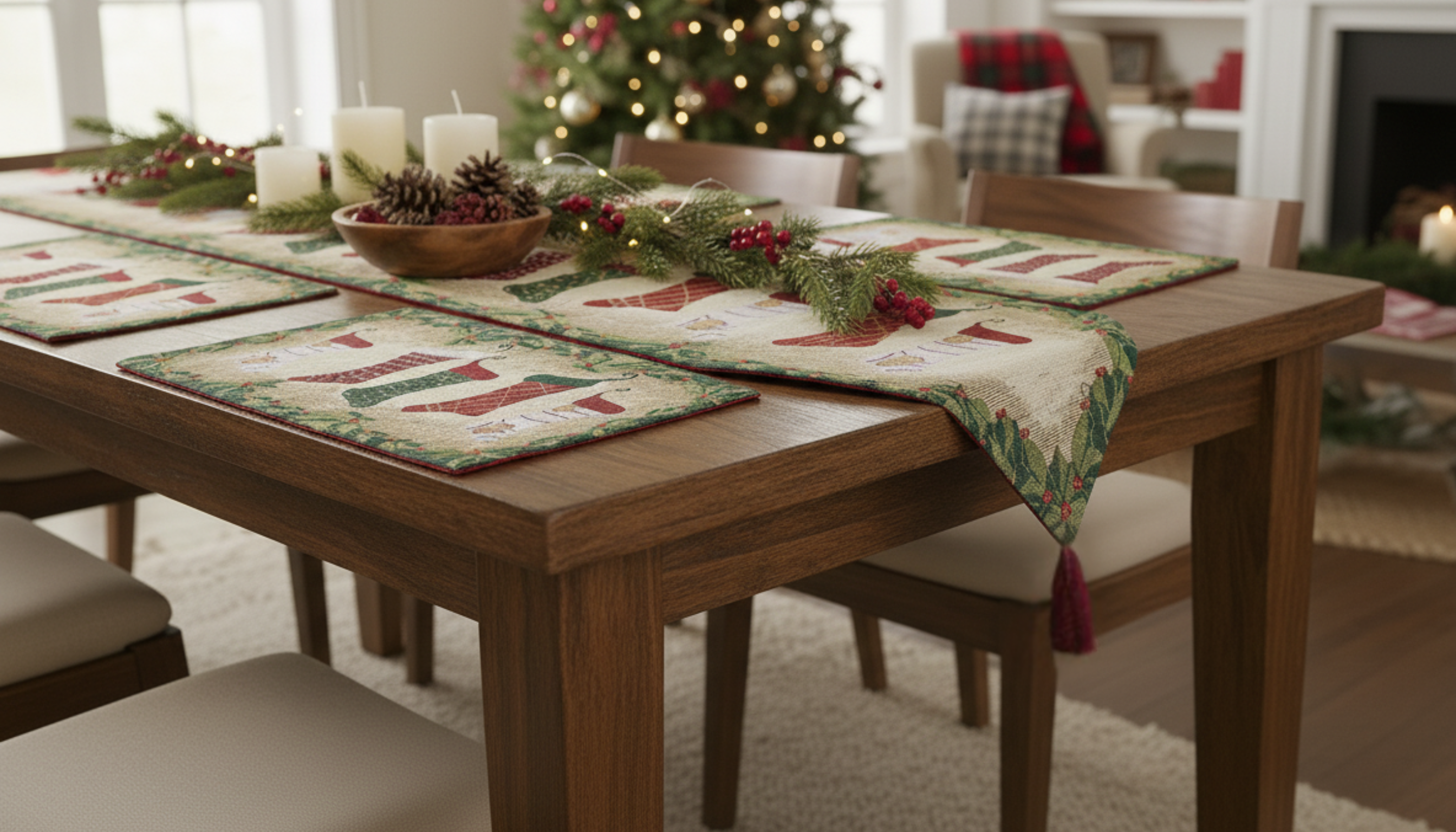 Dining table set for Christmas with placemats, candles, and a decorated tree in the background.