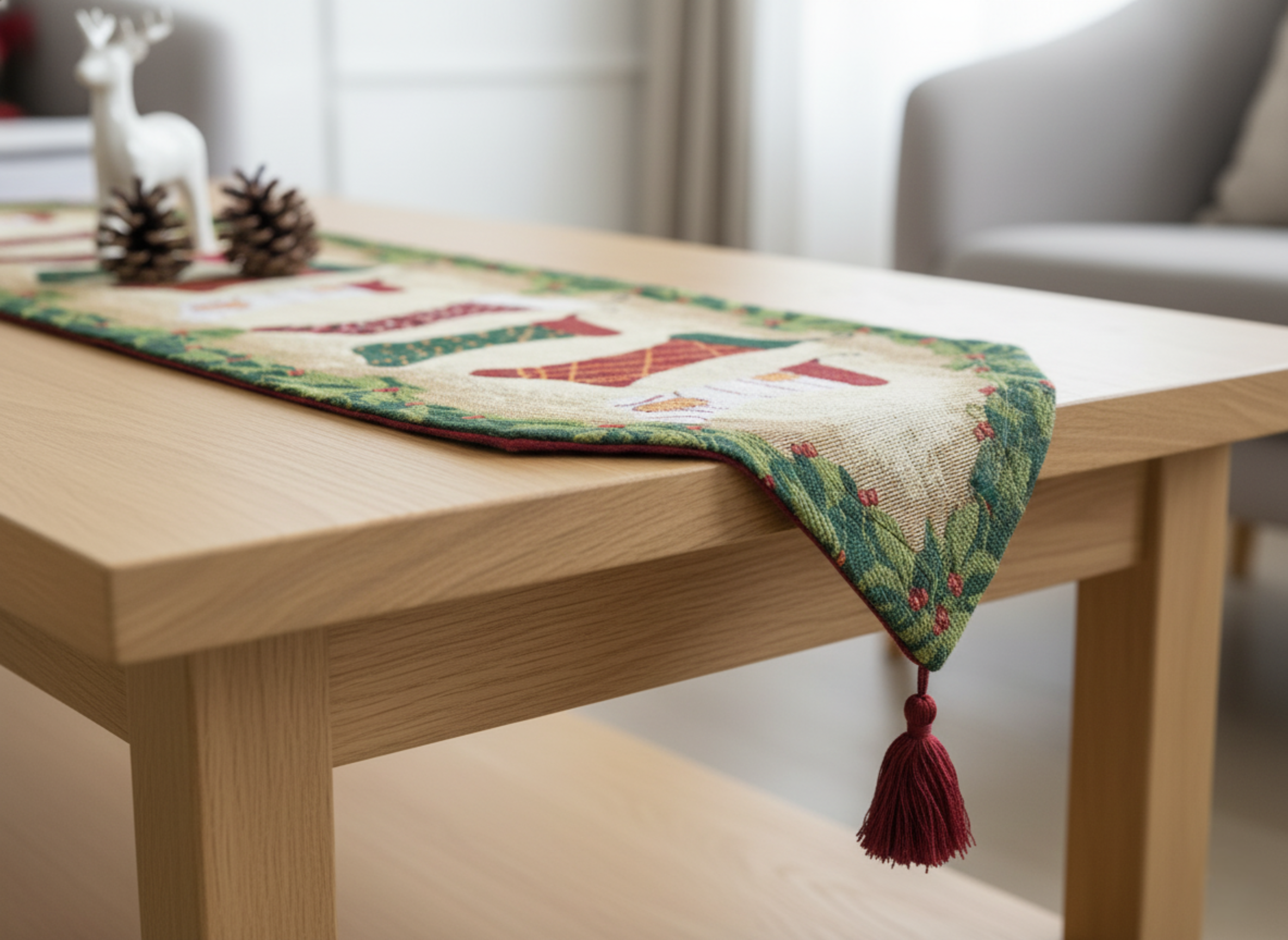 Wooden table with a decorative table runner featuring Christmas designs and a tassel.