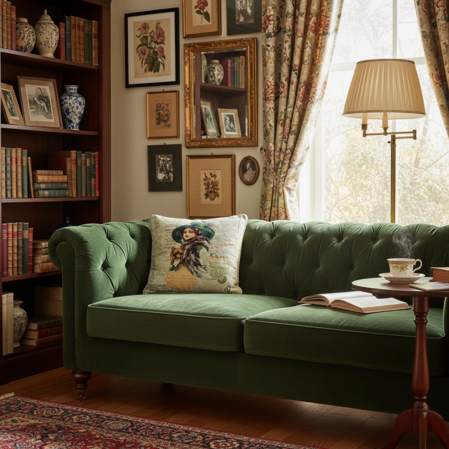 Green sofa in a living room with books, a lamp, and decorative pillows.