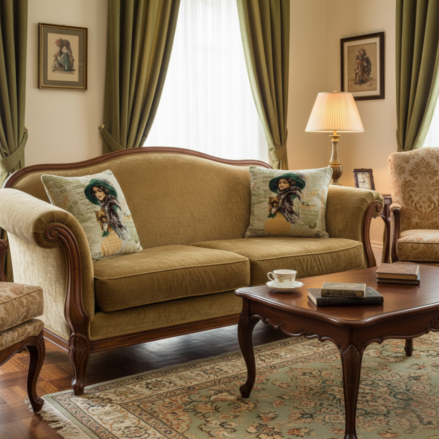 Living room with vintage-style furniture, including a brown sofa and wooden coffee table and two decorative pillow with design of a lady and a dog