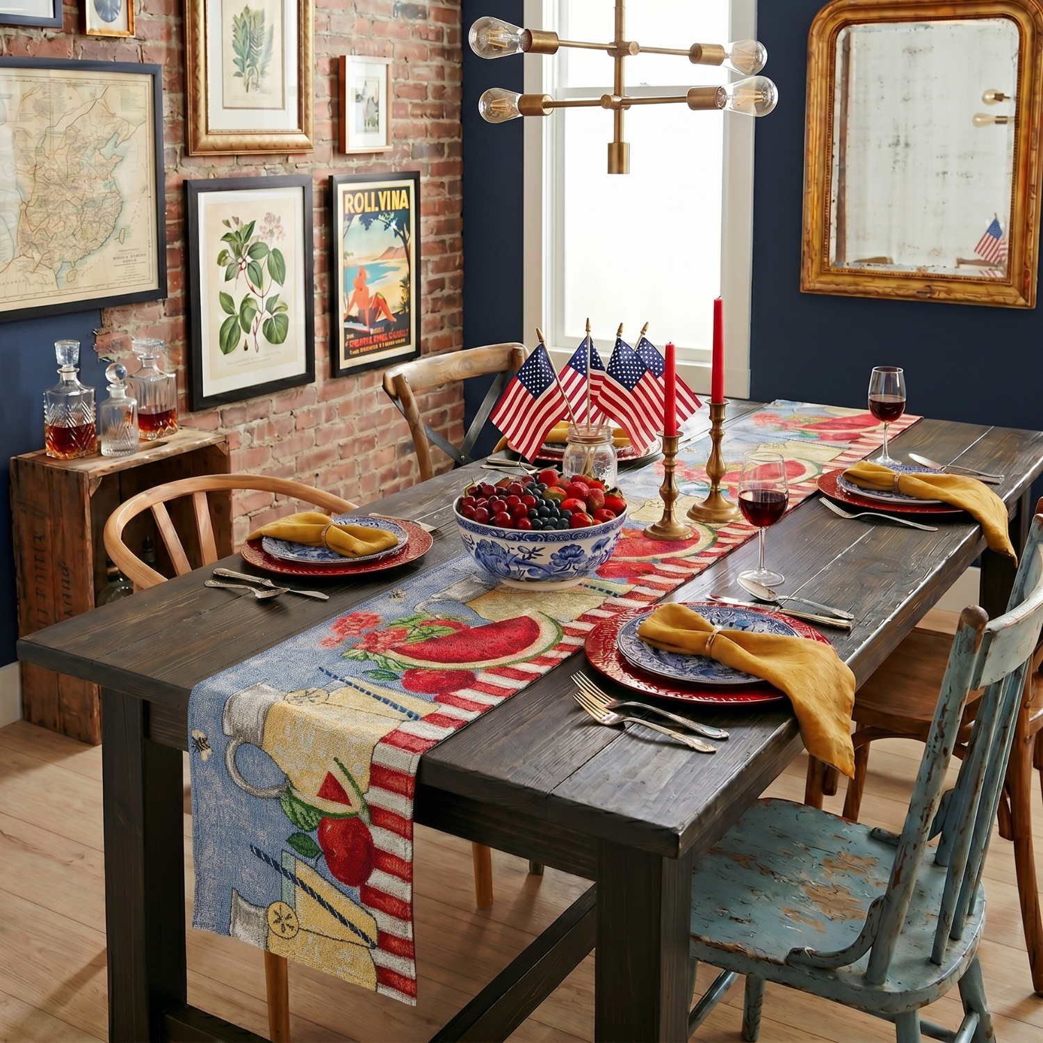 Rustic summer dining table set for a meal, featuring a woven tapestry table runner with a watermelon and lemonade design. The cottage-style decor includes American flags, red and blue dinnerware, and fresh berries for a patriotic holiday table setting.